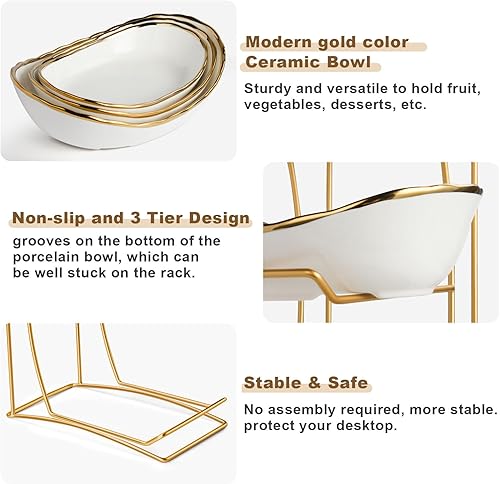 Vista 33 de Frutero para encimera de cocina, cesta de frutas de 3 niveles para encimera, soporte de frutas de cerámica, soporte de frutas escalonado con soporte