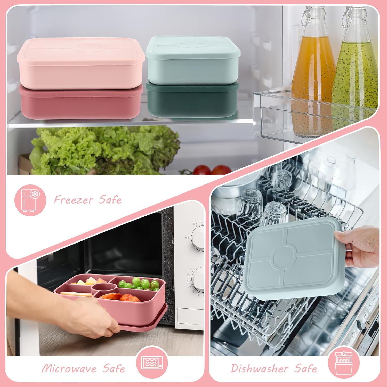 4 Pack Silicone Bento Boxes for Adults, 5 Compartment Reusable Lunch Containers with Sauce Section, Leakproof Meal Prep Snack Box Microwave & Dishwasher Safe for Office(Pink Green Color) - Image 5