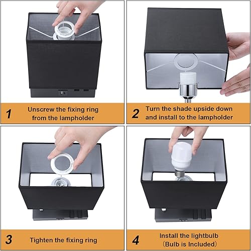 Miniatura 7 de Kakanuo Lámpara de mesa para dormitorio con puertos USB duales, lámpara de noche negra totalmente regulable con soportes para teléfono y 2 tomas de