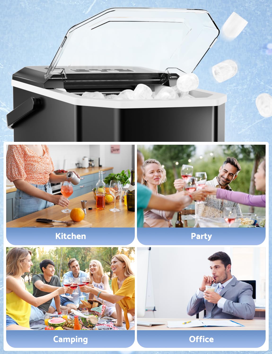 Ice maker being used in various scenarios: kitchen, party, camping, office