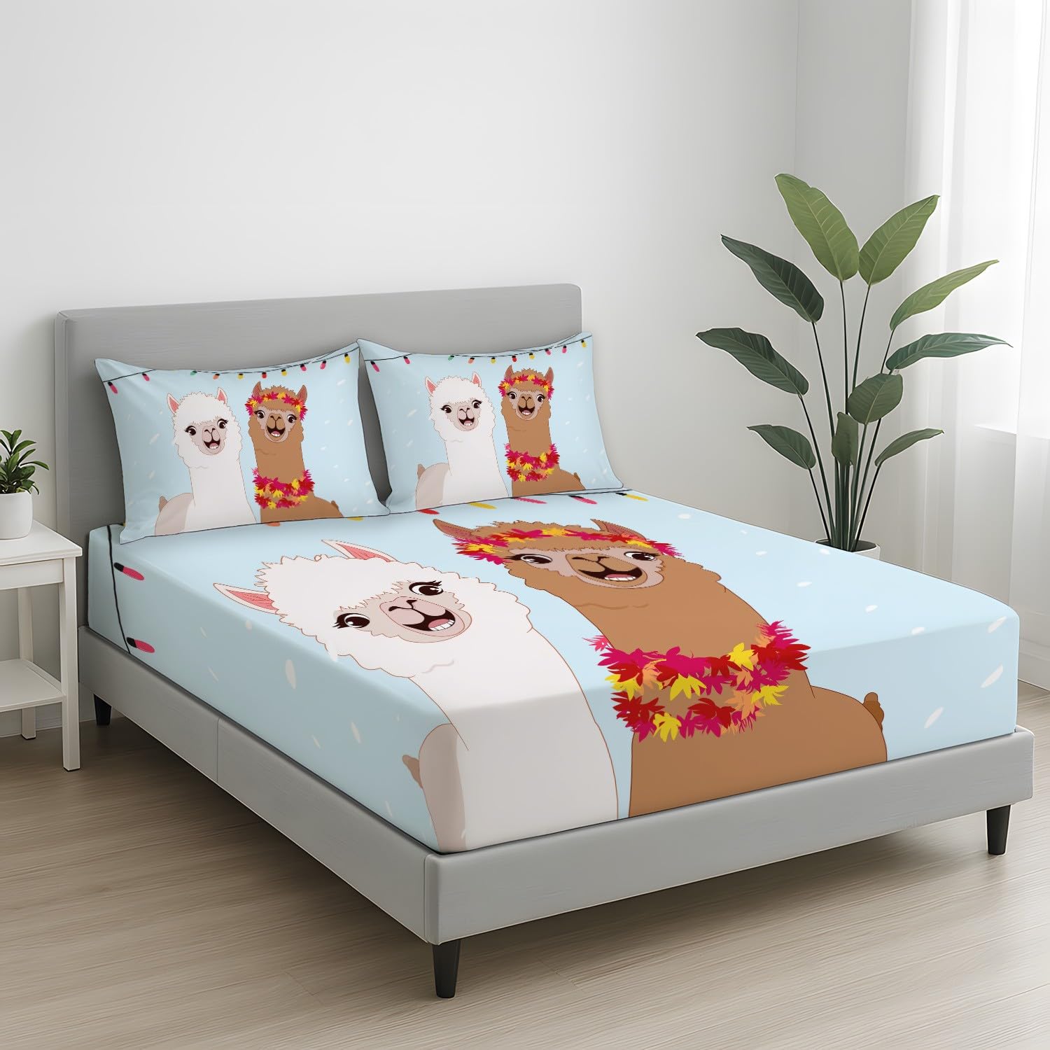 Klar, Cartoon, Süß Spannbetttuch Set 200 x 200 cm Alpaka, Lichterkette, Tiere Jungen, Mädchen,Für Erwachsene geeignet Bettlaken-Set Bettwäsche für Matratzenhöhe bis 30 cm