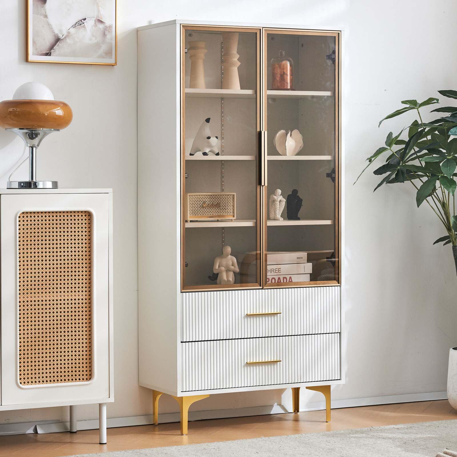 PUGSDRLY Armoire de Vitrine avec Lumières LED,Armoire Chambre avec Porte en Verre,Bibliotheque,Moderne Meubles de Rangement avec Tiroirs pour Cuisine Salon et Bureau,Blanc (B)