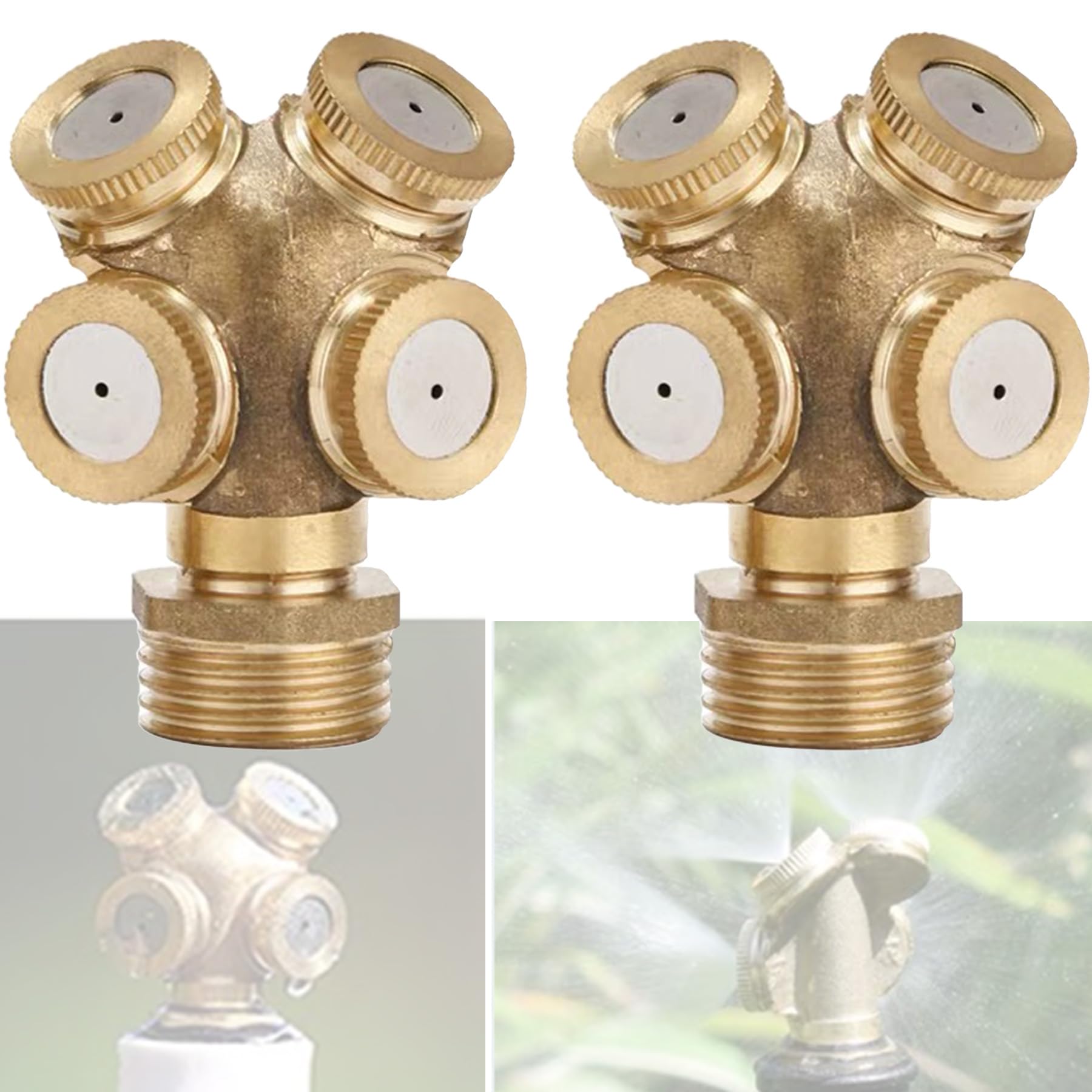 LEPEVNEY Brass Mist Spray Nozzle Atomizing Nozzles 1/2" DN15 Four-nozzles for Garden Sprinkler, Lawn Cooling & Dust Removal, Set of 4