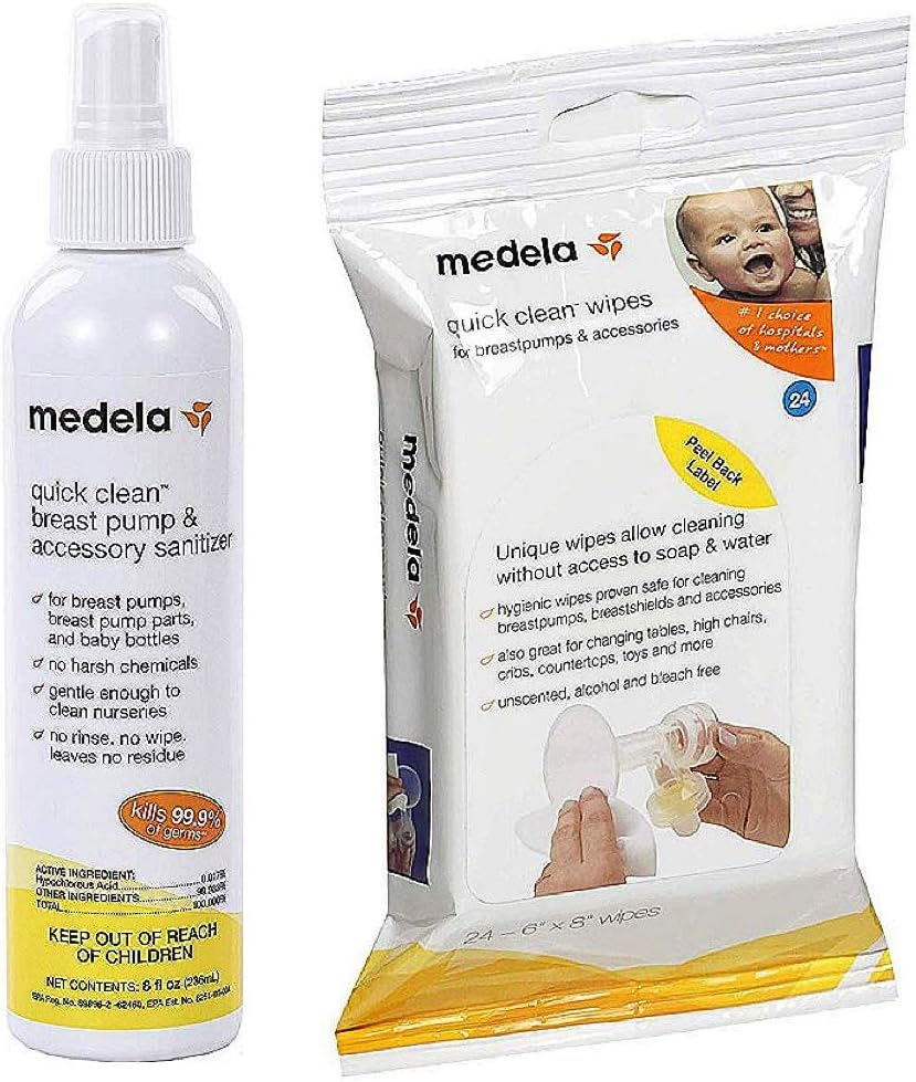 MedelaQuick Clean Breast Pump Kit: Quick Clean Spray, Accessory Wipes - Bundle (Breast Pump Cleaning Supplies, medela Quick Clean Wipes)