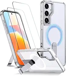 Capa para Samsung Galaxy S24 FE Capinha - Compatível com MagSafe, com protetor de ecrã temperado de 2 peças, estojo ultrafino resistente a choques e quedas com suporte ajustável - Transparente