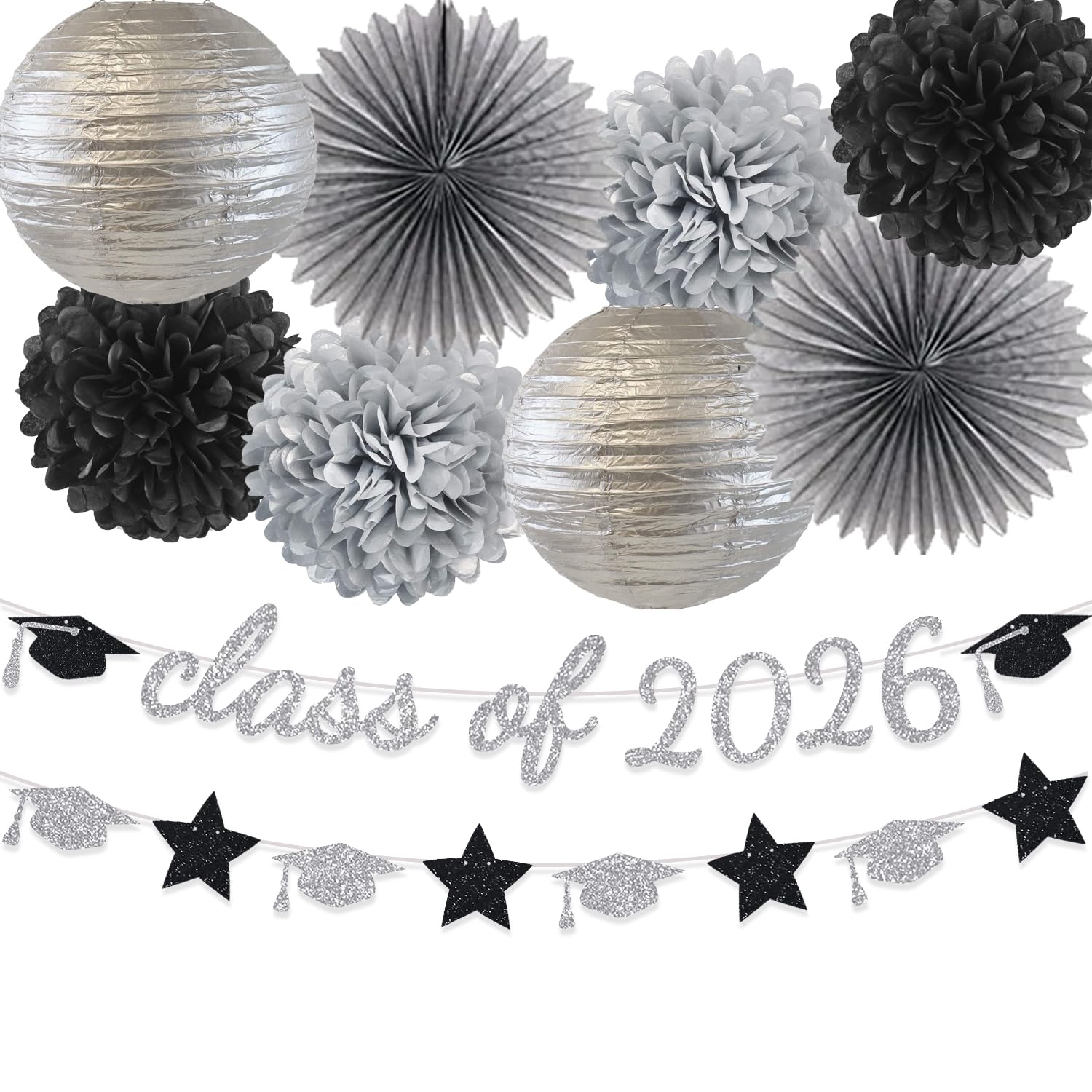 Class Of 2026 Banner Graduation Party Supplies Glitter Backdrop Hanging Paper Flowers Pom Poms Decoration Silver