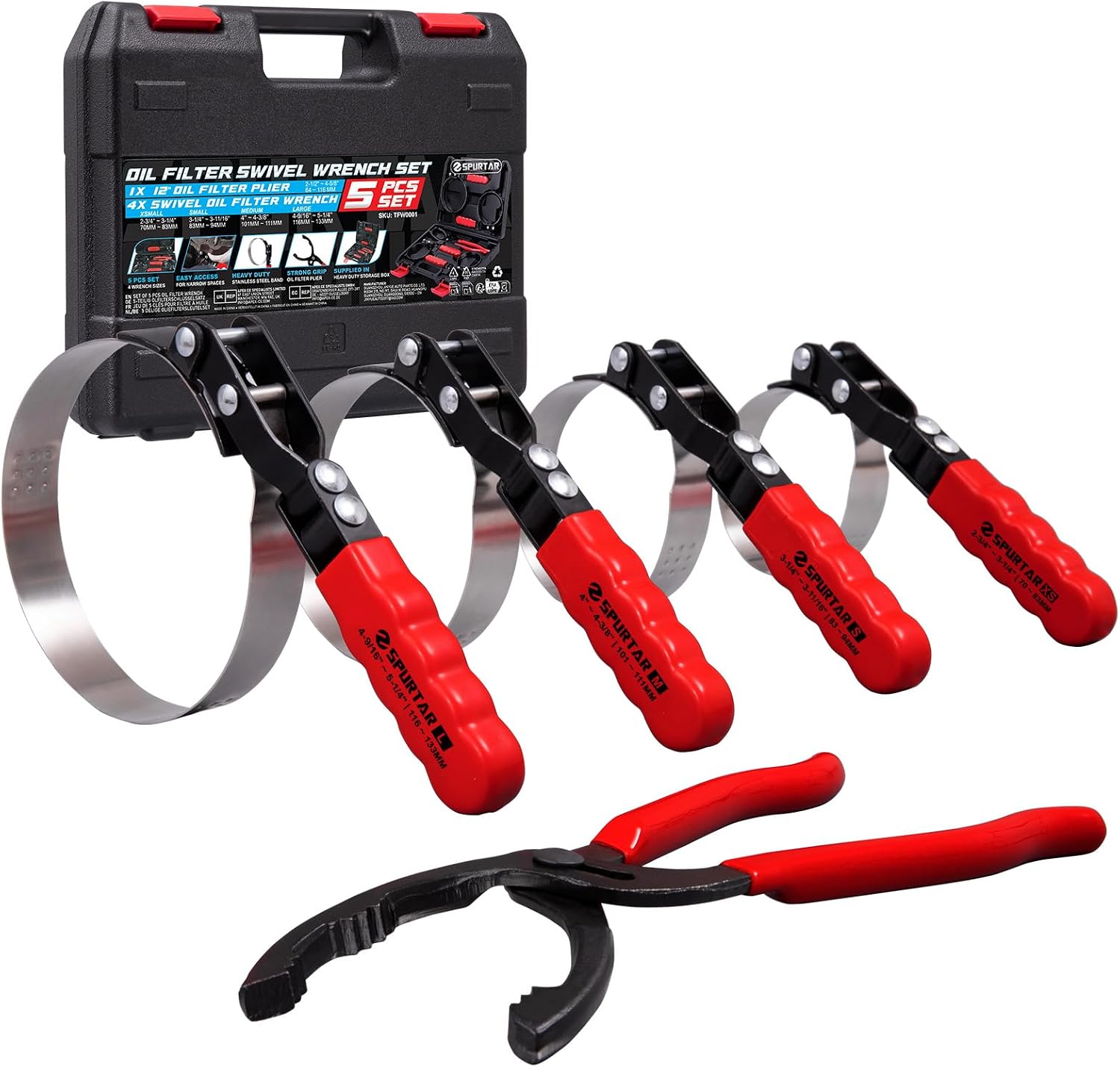 Spurtar 5pcs Swivel Oil Filter Wrench Set 12" Oil Filter Removal Tool | Universal for 70-133mm 2-3/4" to 5-1/4" Oil Filter, for 4S Shop Auto Repair Mechanic Generator Small Engine
