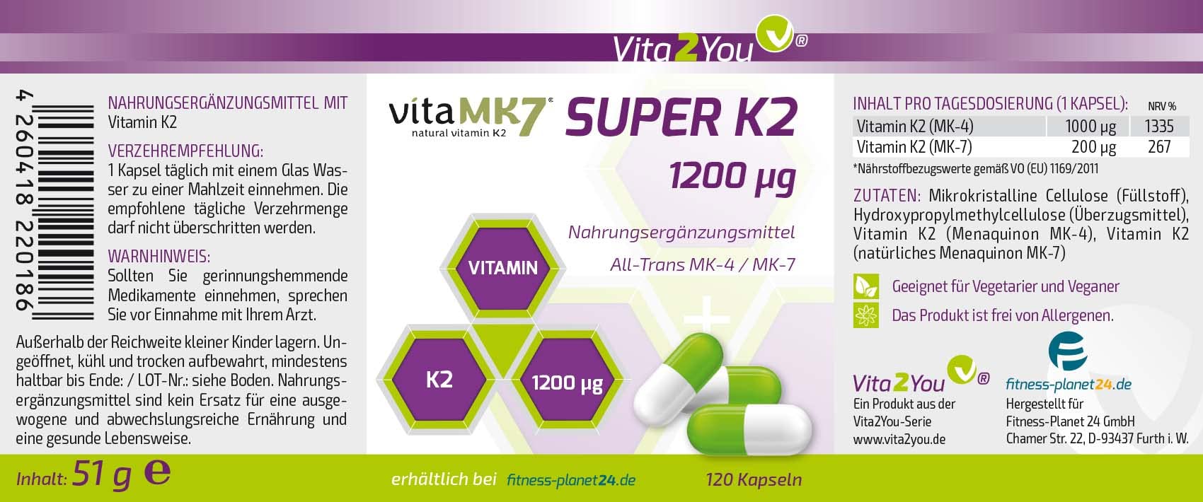 Vita2You Super K2-1200µg Vitamin K2 - Original vitaMK7® - (Natürliches MK-7) mit MK-4 >99% All Trans - 120 Kapseln - Hochdosiert - Premium Qualität