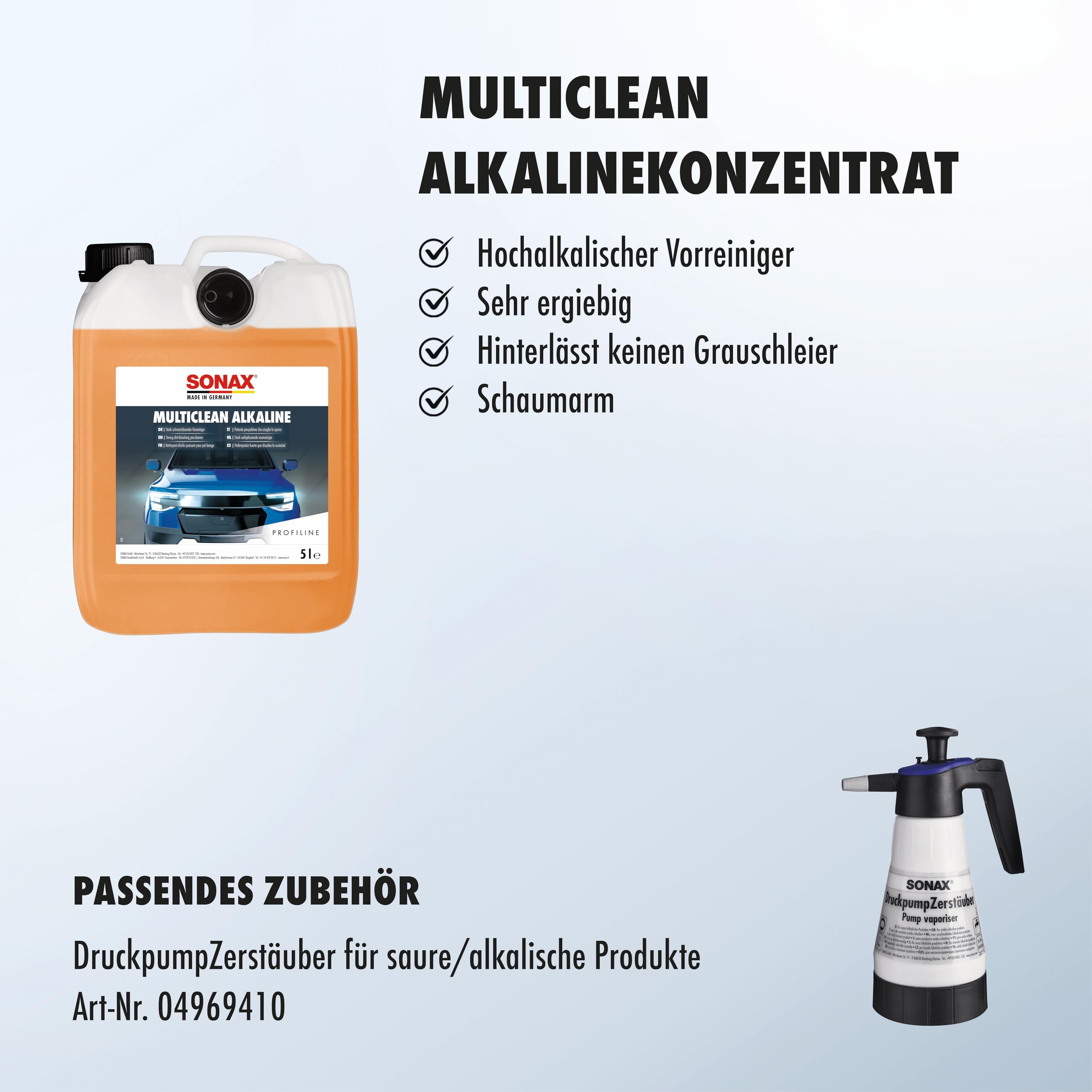 SONAX PROFILINE MultiClean Alkaline (5 Liter) löst selbst hartnäckigsten Schmutz wie Insekten und härteste Ablagerungen von Bremsstaub | Art-Nr. 06295000