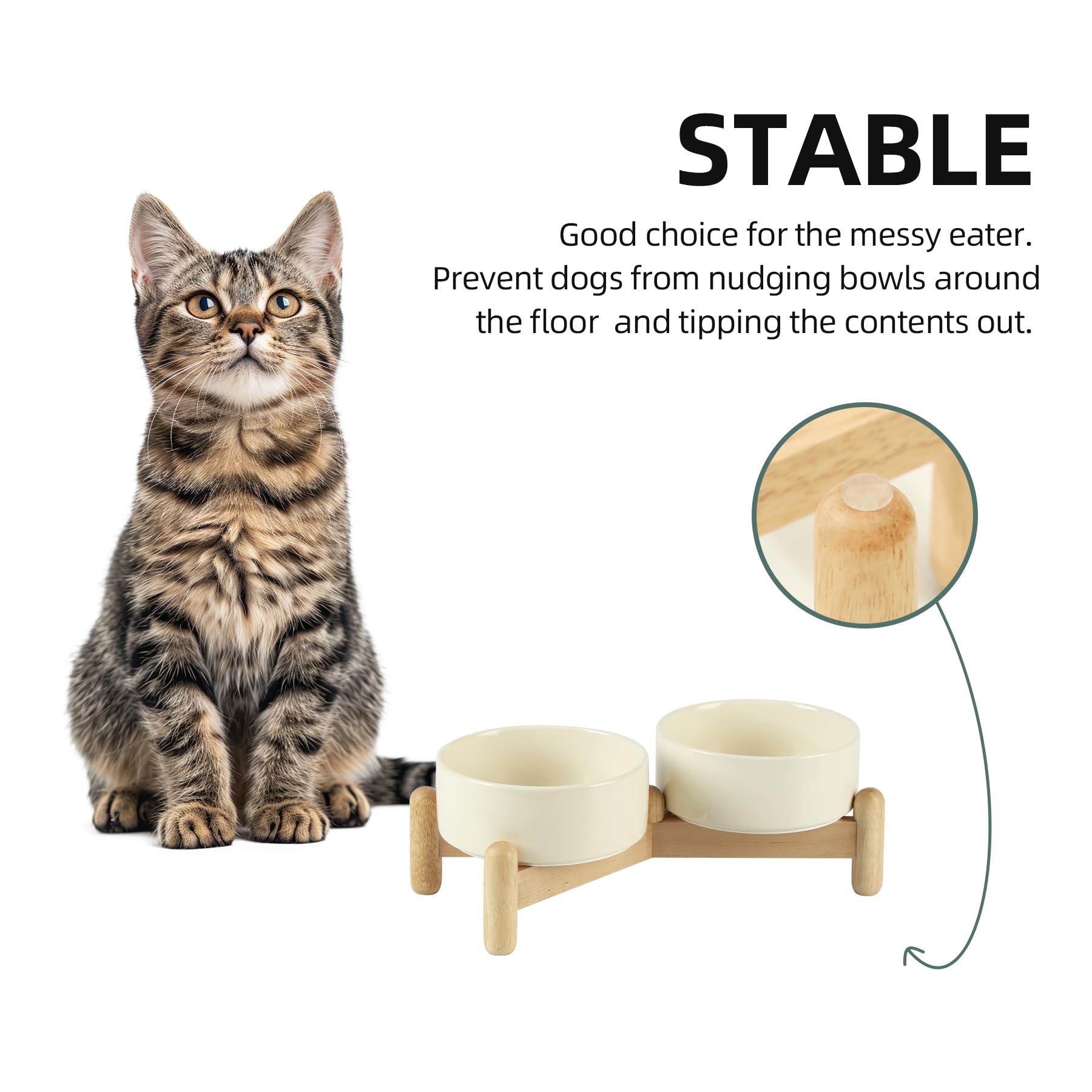 Havniva Juego de Cuencos Dobles elevados de cerámica de 5.1 Pulgadas con Soporte de Madera, Cuencos elevados para Alimentos y Agua para Perros de Raza de Juguete, Gatos, Gatitos, Platos para Perros