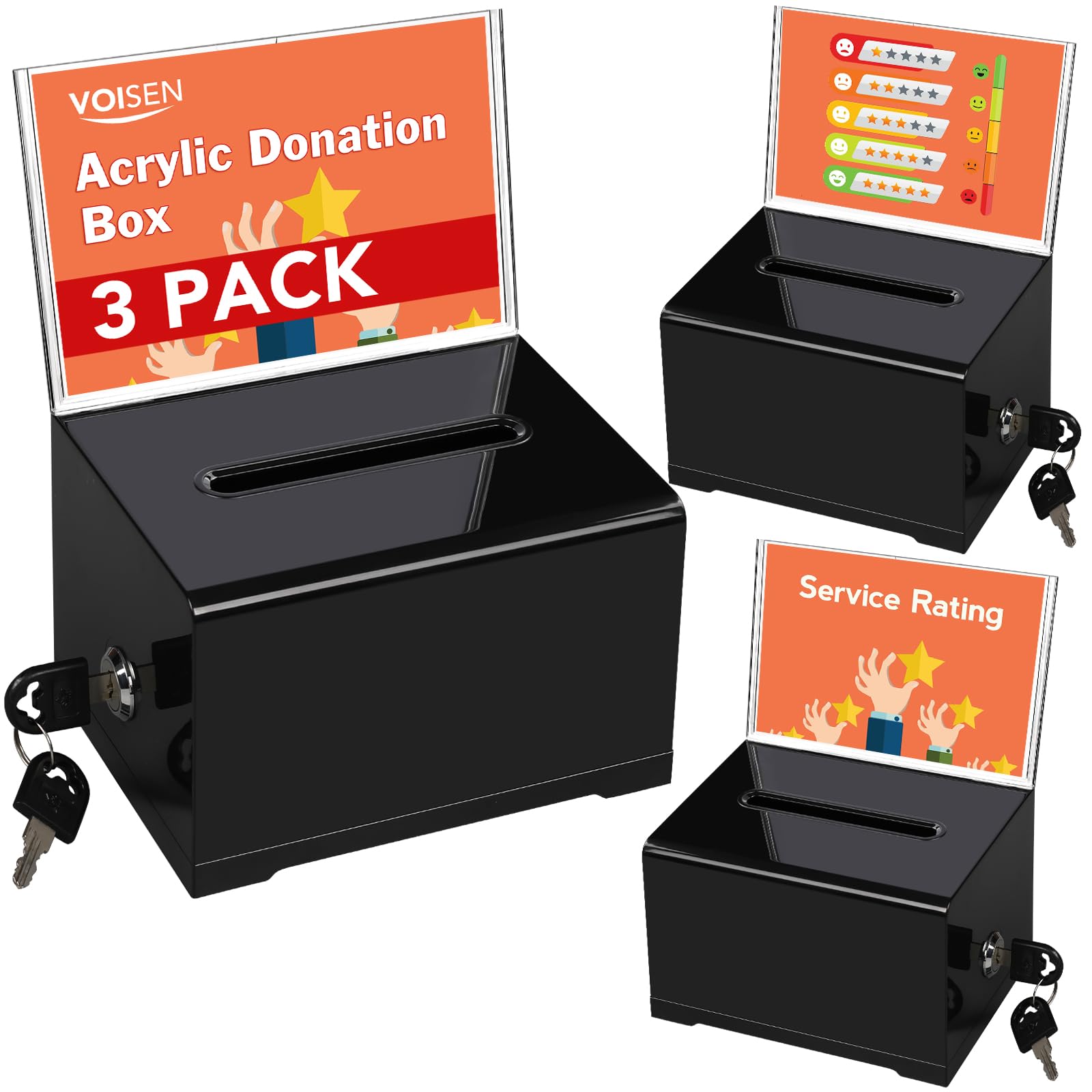 VOISEN Acrylic Donation Box with Lock, 3 Pack Black Ballot Box with Sign Holder, Tip Jar for Fundraising, Donation, Bar, School Voting, 6.2x4.6x3.9