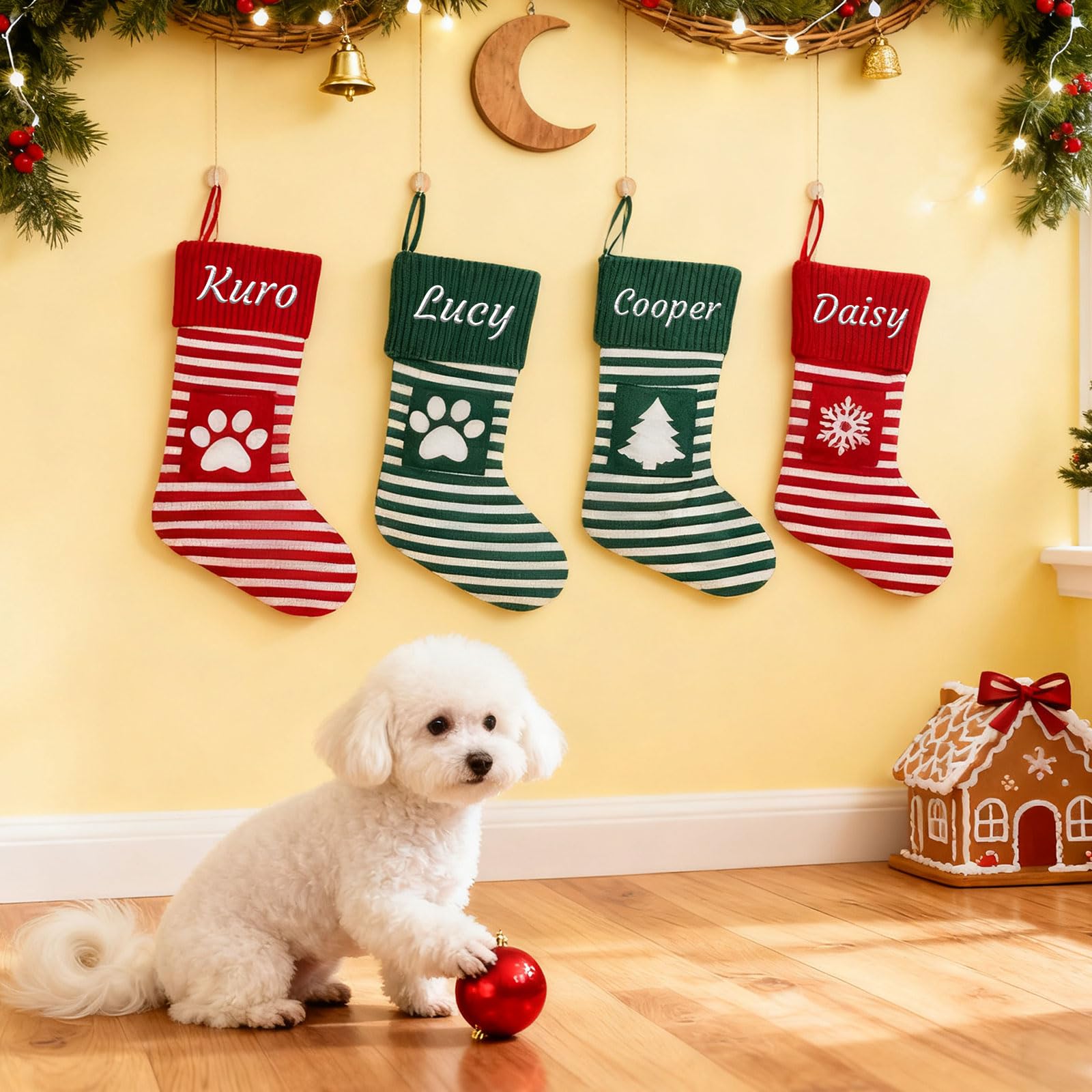 Generisch 6 PCS Personalisiert Weihnachtsstrumpf, Namensstickerei, 35 cm | Rot-Grün Gestreifter Strickstrumpf, 13.8zoll, Weihnachtsdeko für Familie & Haustiere