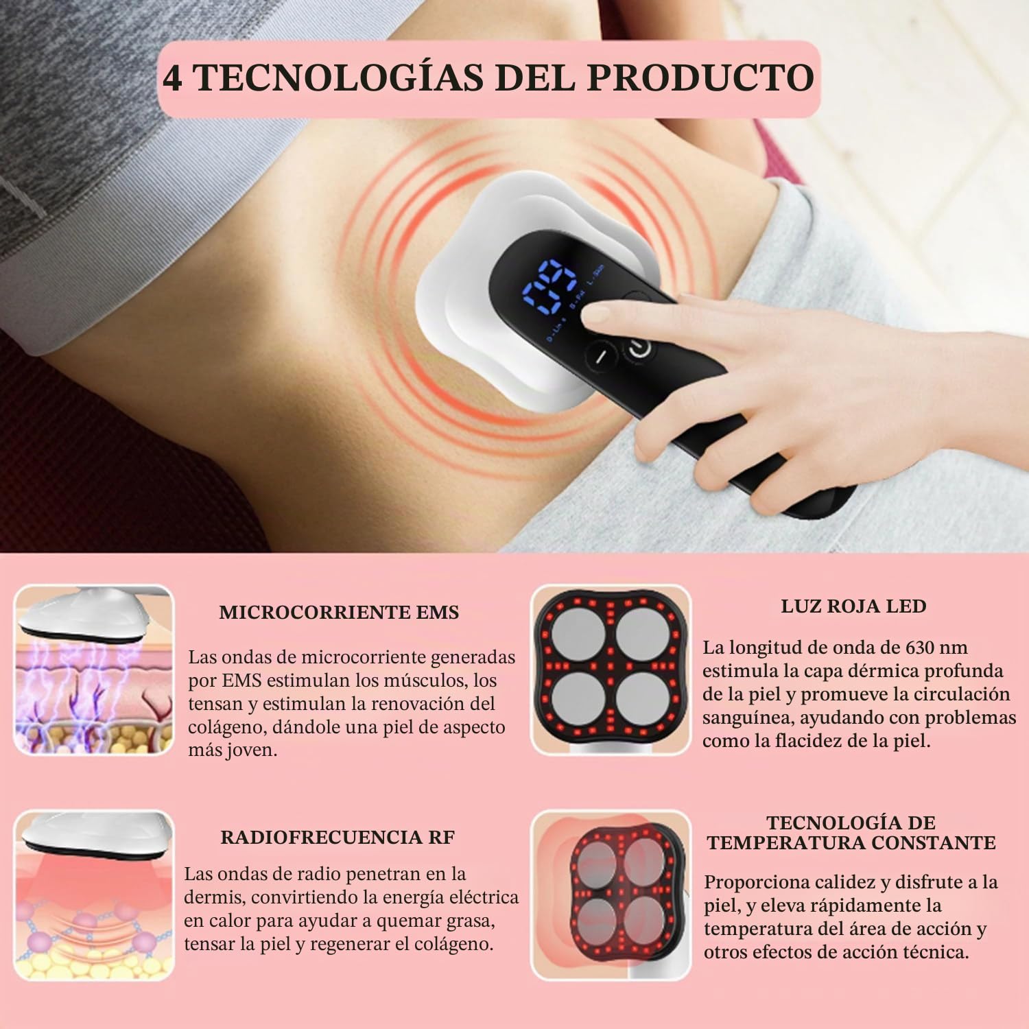 Masajeador Anticelulitis, 3 Modos + FuncióN De Calor + 10 Intensidades, Rf Radiofrecuencia Ems Led Luz Roja Masajeador Corporal Quemador De Grasa Para Brazos, Cintura, Abdomen, Piernas Y Cadera