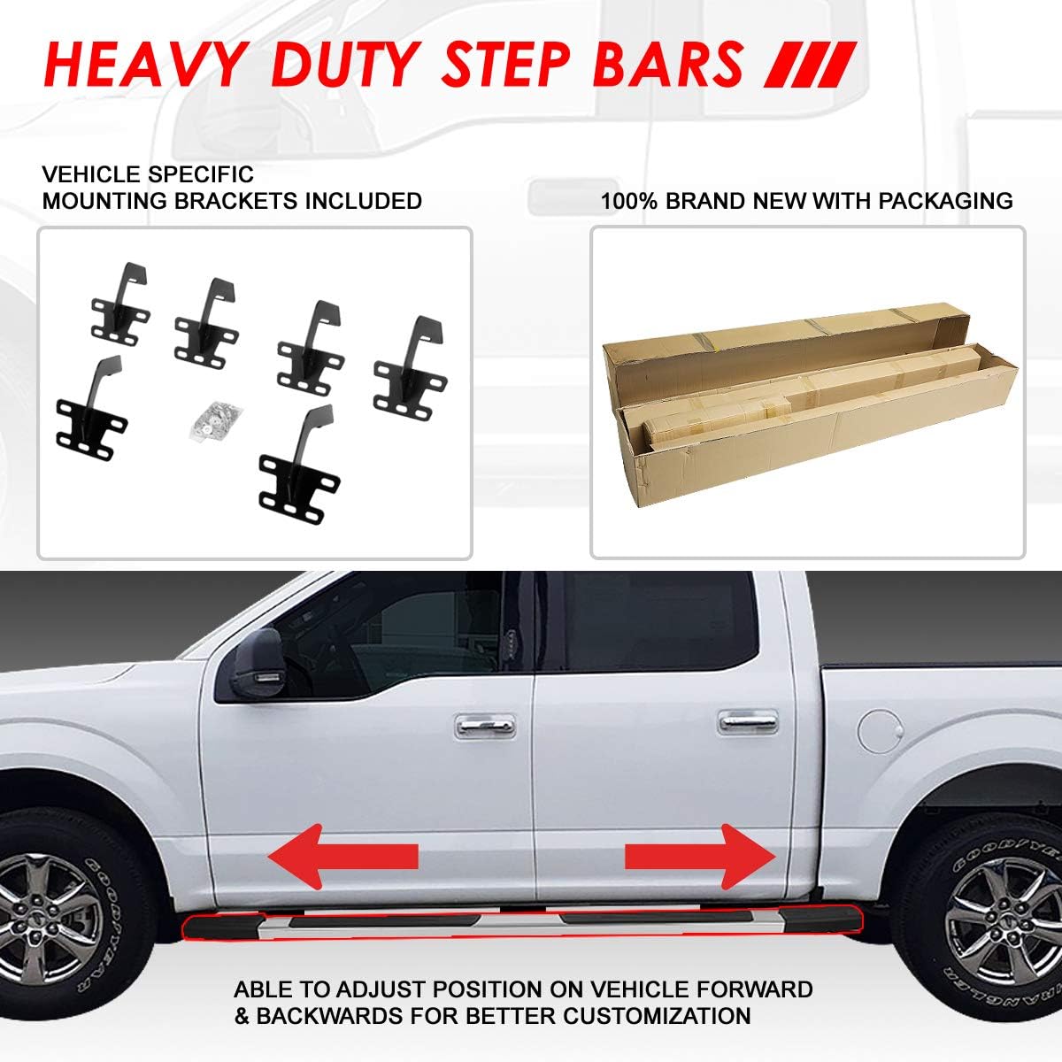Auto Dynasty Flat Running Boards Compatible with 2015-2024 Ford F-150 F-250 F-350 Super Crew Cab, Stainless Steel Side Step Nerf Bars, 5.25 Inches Step Bars, Polished Chrome
