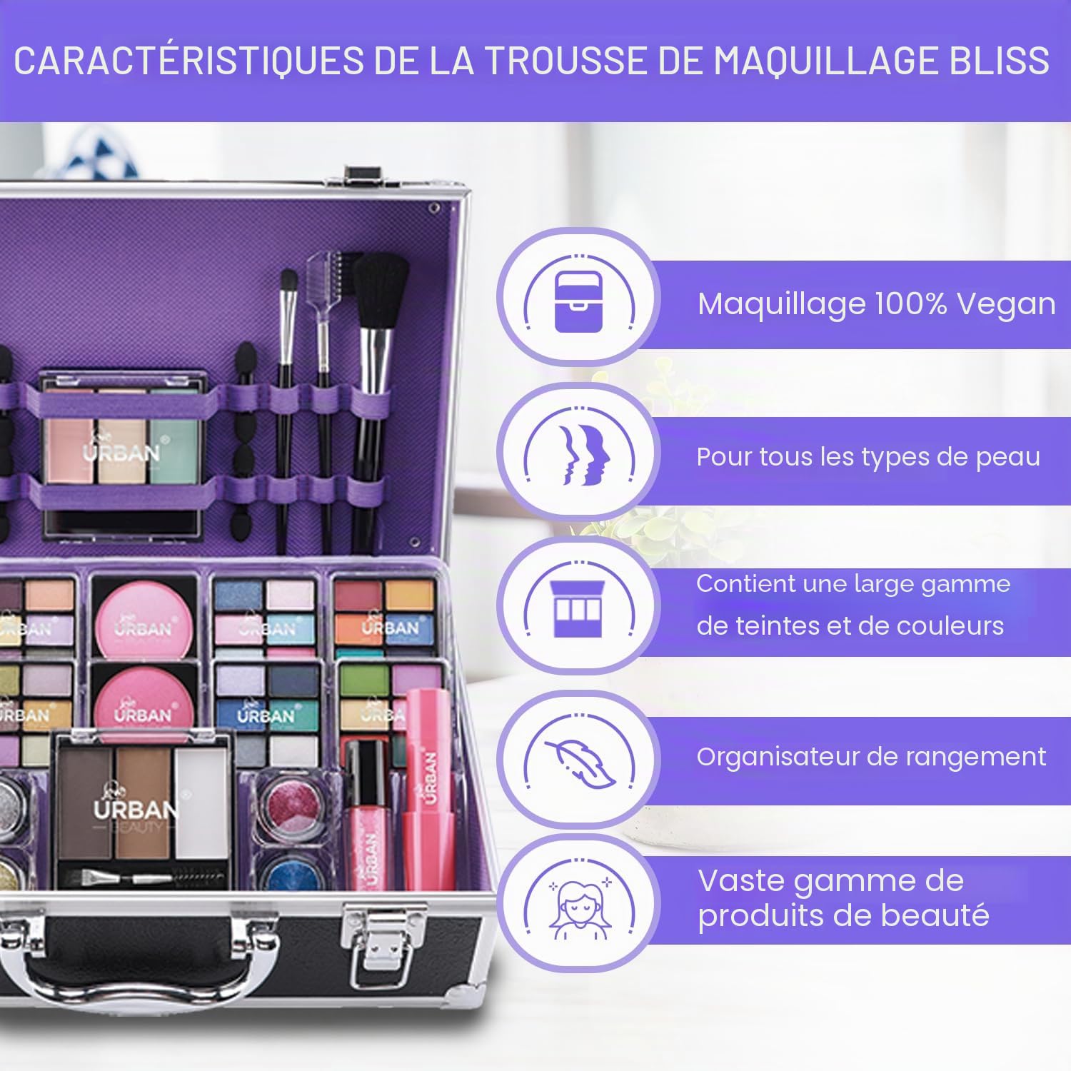 Bliss Trousse de produits de Maquillage Végan - Valise de Maquillage Complète avec Fard à Paupières et à Joues, Rouge à Lèvres, Cire et Poudre à Sourcils, pinceau – Organiseur avec Cadre en Aluminium