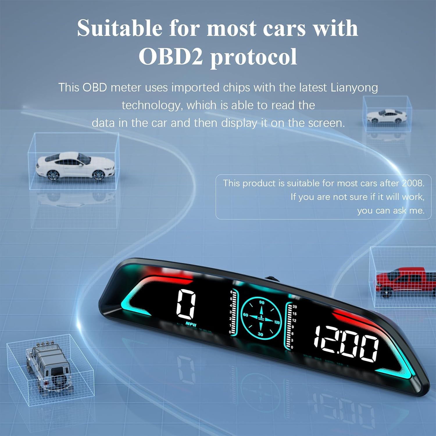 Display Testa HUD Auto - Monitor Digitale Velocità E Giri Motore Via OBD Per Parabrezza - Foto 10