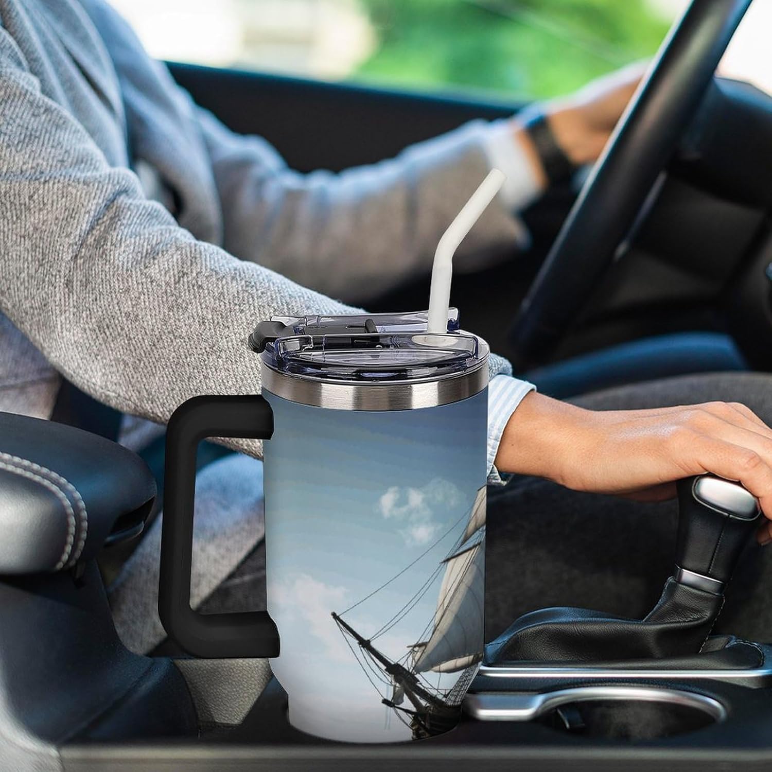 Old Sailing Ship Travel Coffee Mug Reusable Durable Stainless Steel Insulated Tumbler with Handle And Straw Leak Resistant Portable Thermal Cup Gifts for Men Women 40 Oz