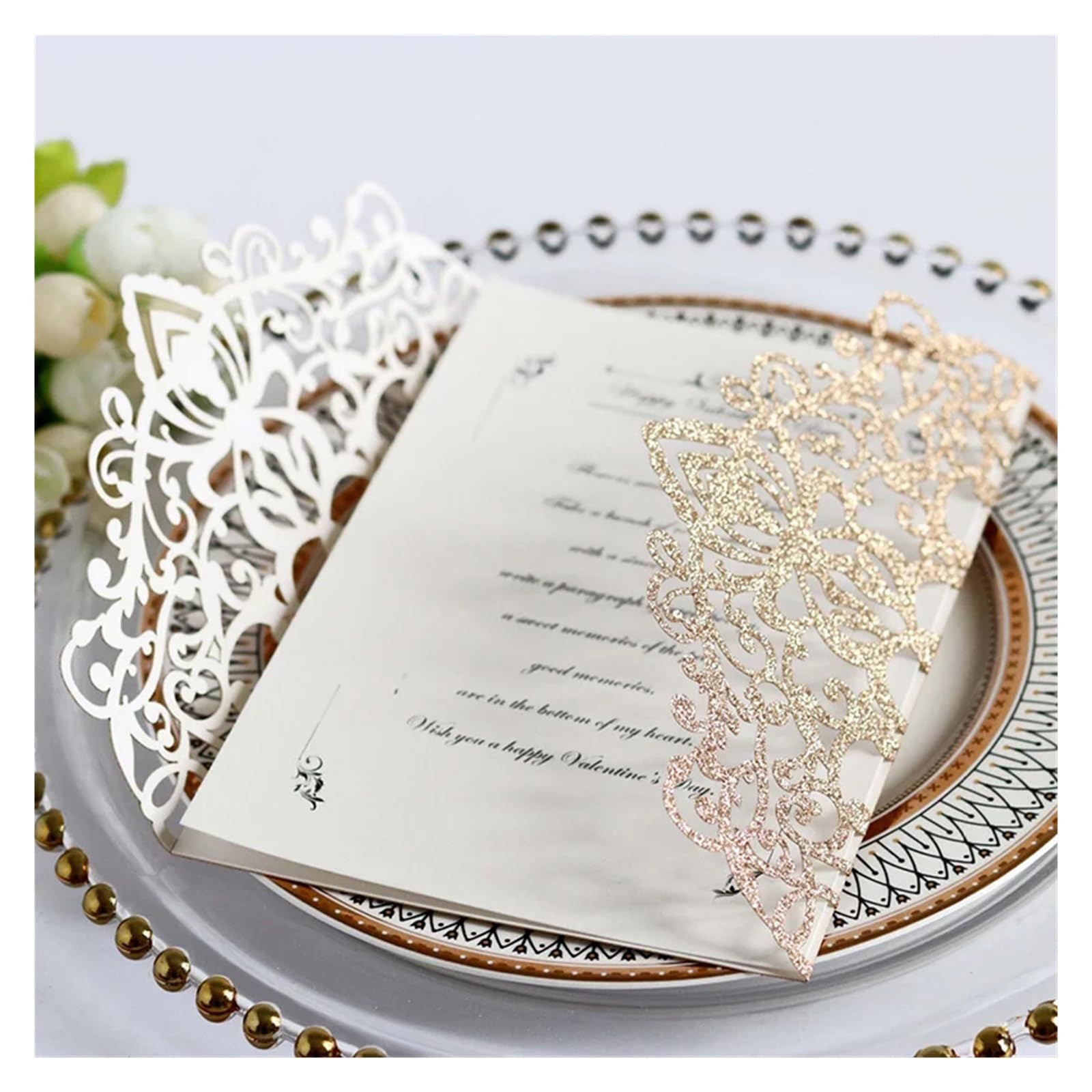 Invitaciones Boda 25/50pcs Glitter Paper Wedding Invitations Card Lace Flower Greeting With Ribbon Brithday Party Supplies(Only Silver Cover,50pcs)
