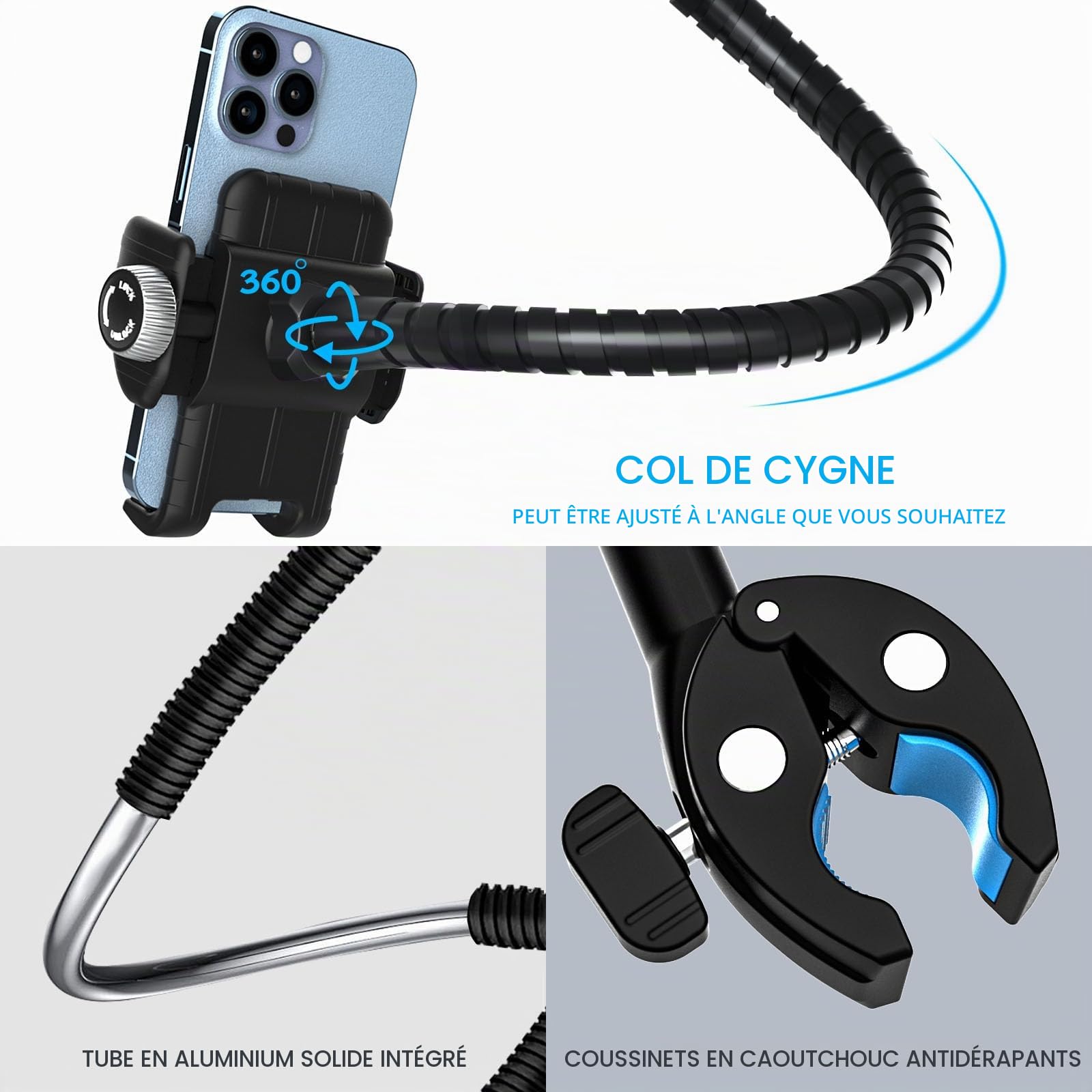 Support Téléphone Fauteuil Roulant Poussette avec Bras Flexible en Métal | Pince Guidon Pôle Tube pour Vélo, Tapis de Marche, Chariot pour iPhone 17/16/15/14, Galaxy et Tous Les Smartphones