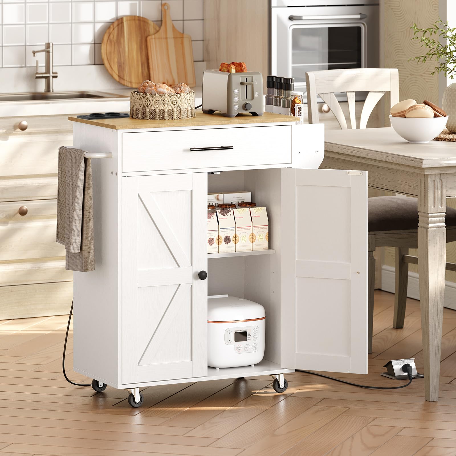 HOOBRO Tavolo Isola Cucina con Prese Elettriche, Carrello da Cucina con Cassetti e Porta Spezie, Carrello Isola da Cucina, con 2 Prese, Bianco e Colore Legno Naturale EWN88CZD01