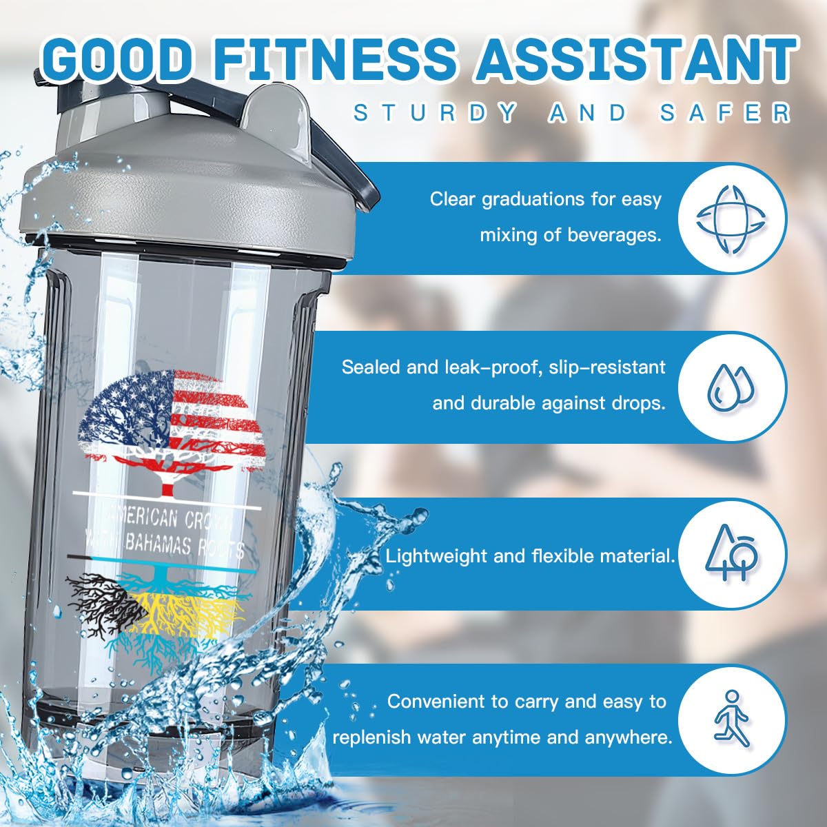 America Crown With Bahamas Roots 18 Ounce Shaker Cup,Fashion Theme Pattern Shaker Bottle Leak-proof Workout Shake Bottles 500ML/18 oz Perfect for Pre Workout