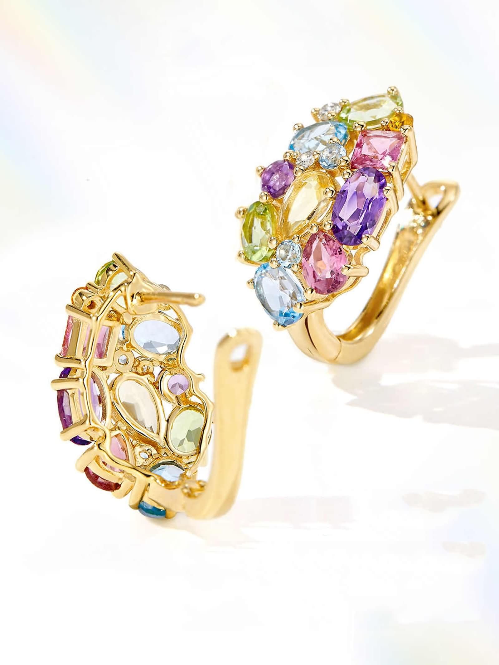 Pendientes de aro de oro amarillo de 9 K, 14 y 18 quilates para mujer, con piedras preciosas naturales coloridas