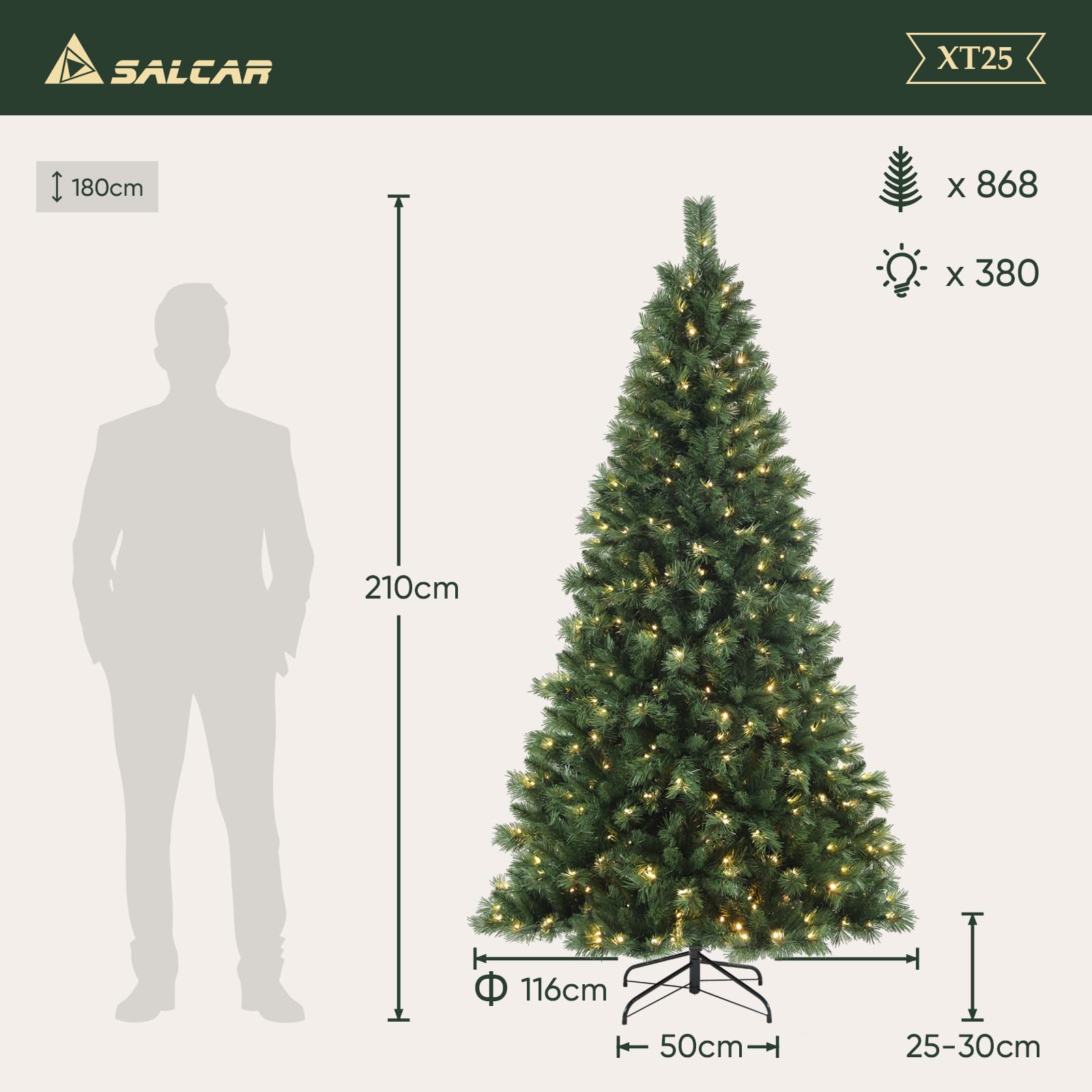 SALCAR Sapin de Noël Artificiel Lumineux 210cm, Arbre de Noel avec 380 LED, 868 Pointes de Branche, Gants et Pieds de Sapin de Noël en Métal, Lgnifuge, Assemblage Rapide