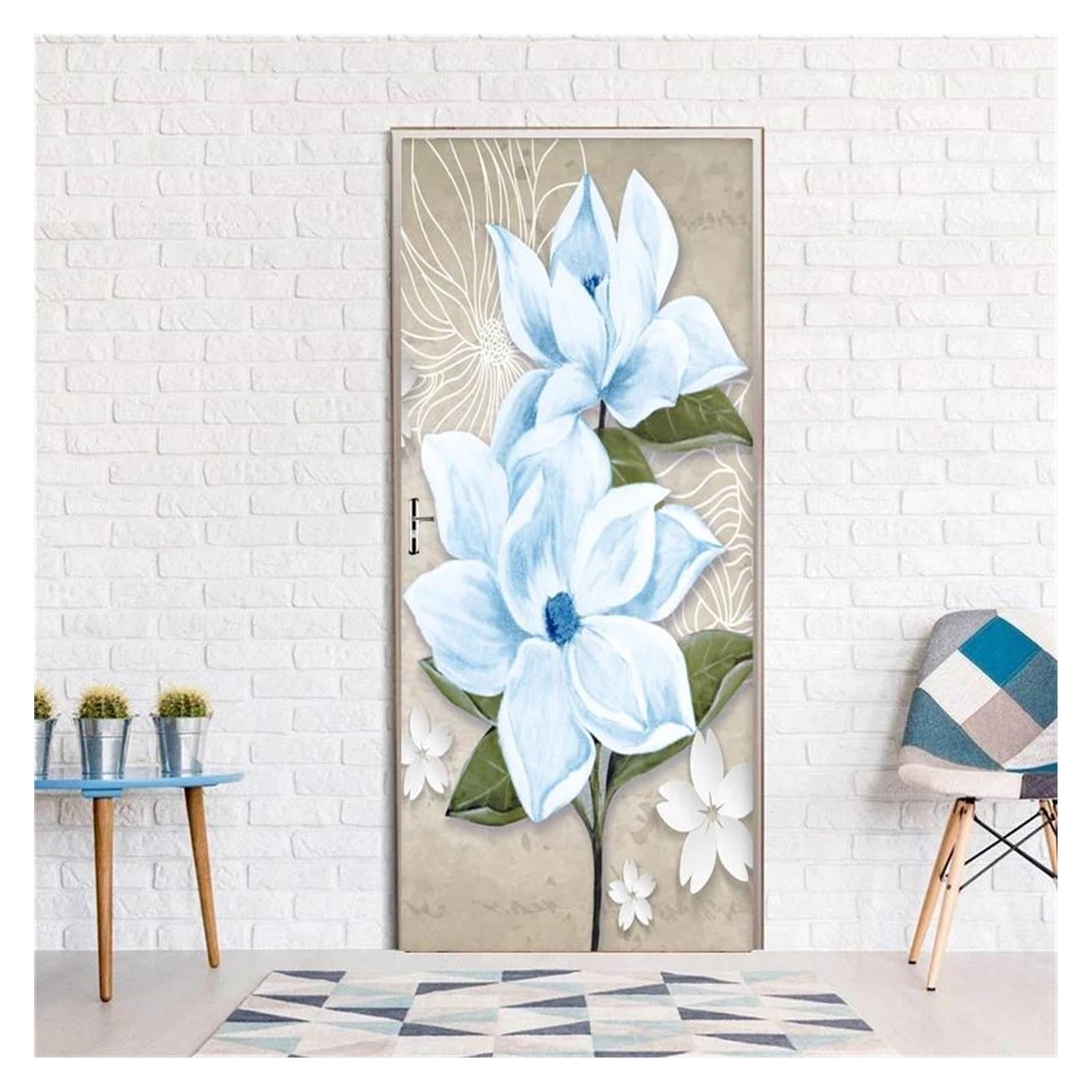 Autocollants de porte lavables à effet relief fleurs bleues 3D