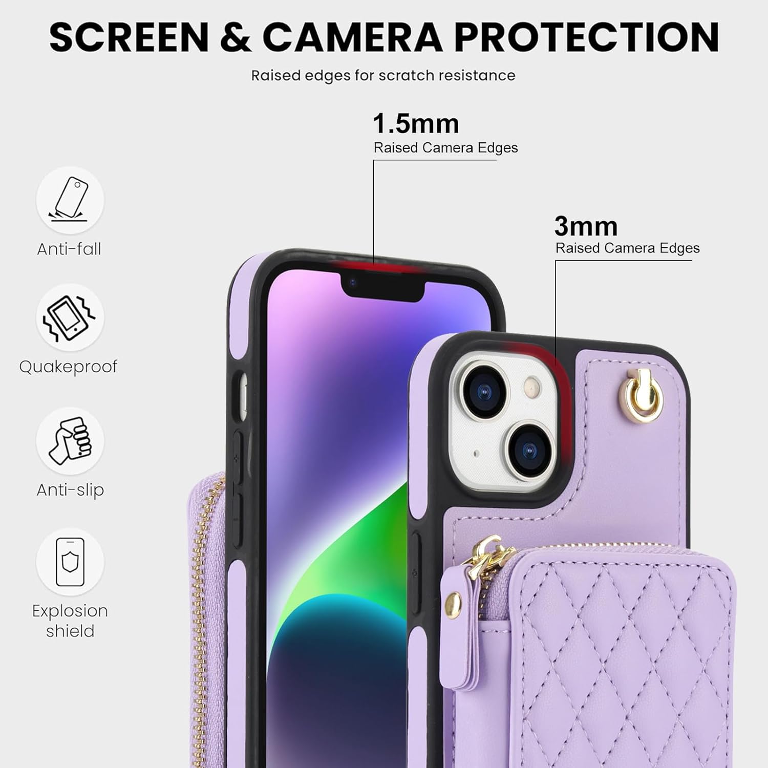 Asuwish Phone Case for iPhone 15 6.1 inch Wallet Cell Cover with Tempered Glass Screen Protector Wrist Crossbody Strap Stand RFID Blocking Credit Card Holder i Phone15 i15 15Case Women Girls Purple