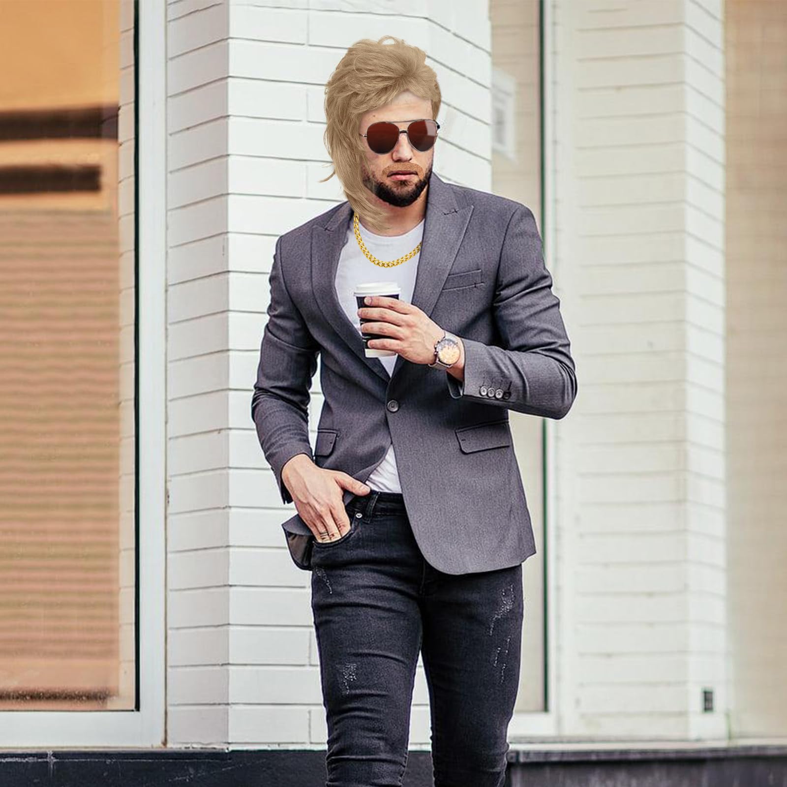 Pack De Disfraz Hippie De Los 80 | Peluca Mullet, Gafas De Sol, Collar, Anillo Y 2 Bigotes Postizos, Ideal Para Fiestas Temáticas