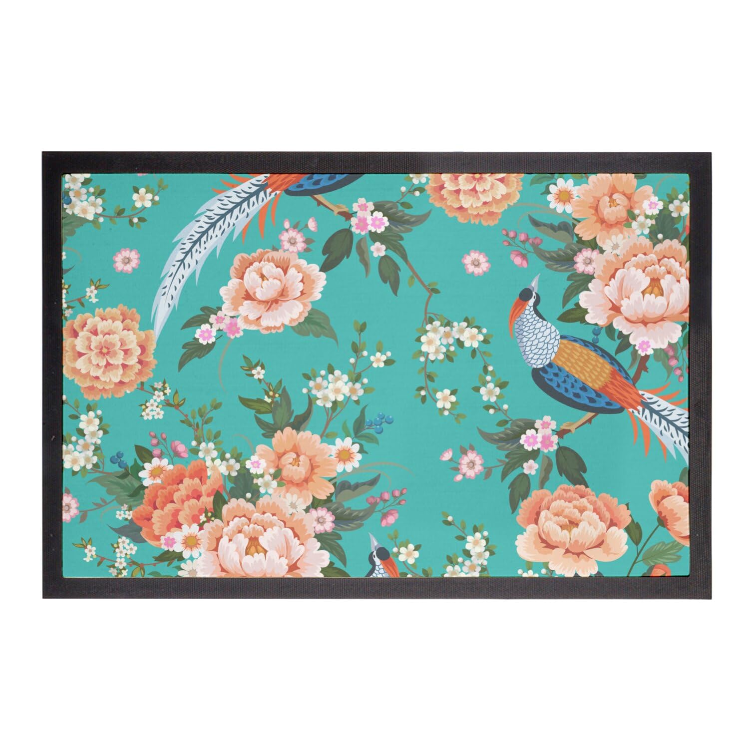 Paillasson floral paon turquoise 60x40cm tapis entrée