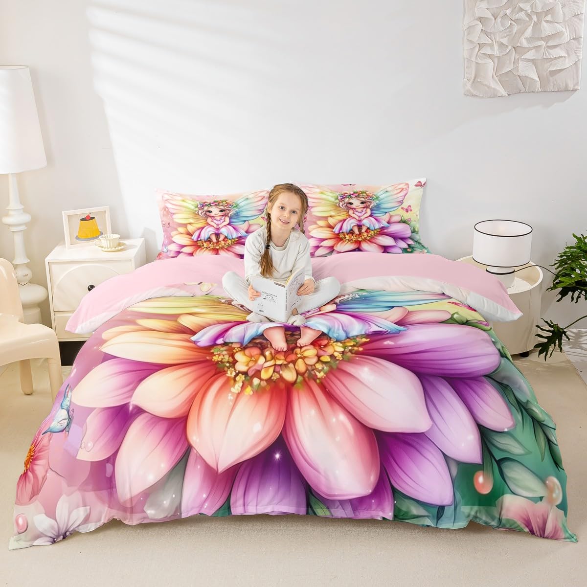 Cute Fairy Girl Duvet Cover Sets(NO Comforter),Elf Girl Comforter Cover for Kids Adults Bedroom Decor,Botanical Flowers Watercolor Spring Floral Bedding,Pink Butterfly Plants Duvet Set,Double Size