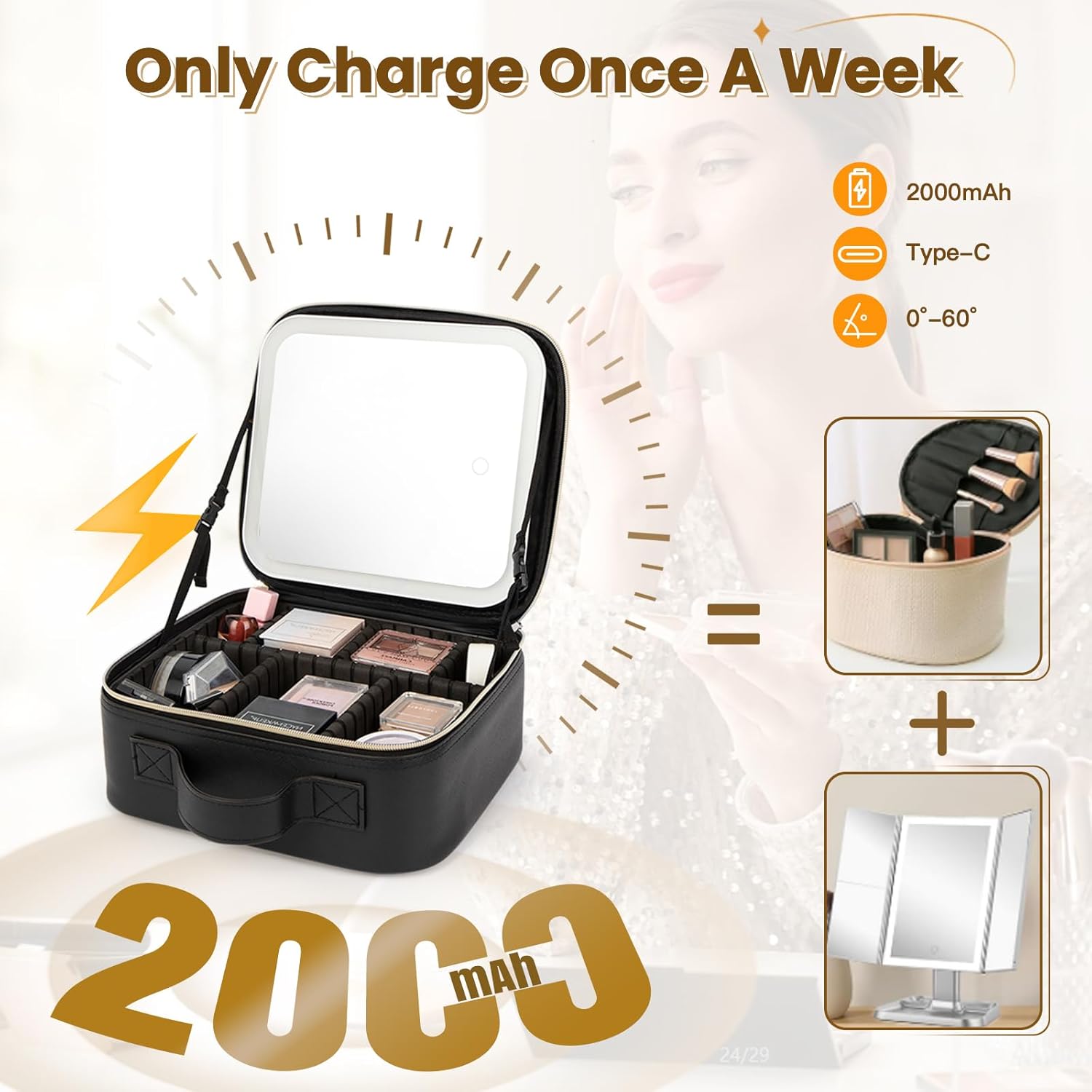 Travel Makeup Bag with LED Mirror, Leather Cosmetic Train Cases with Adjustable Dividers, Makeup Organizer with Makeup Brush Storage Board for Women, Artist and More