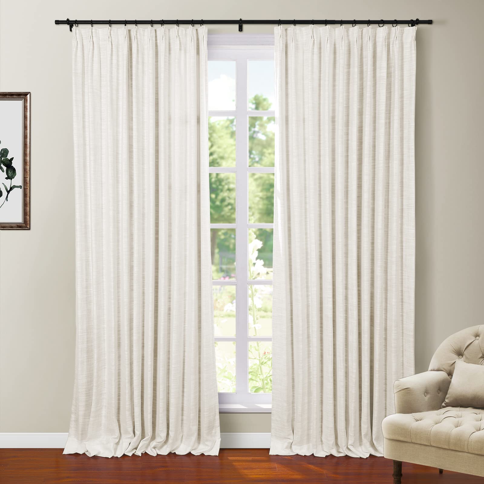 TWOPAGES Faux Linen 84 Inches Long Off White Blackout Curtain with Pinch Pleated and Back Tab for Living Room Kids Room Thermal Insulated Linen Blend