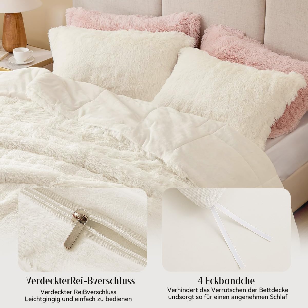 Sacebeleu Plüsch Bettwäsche Set 135x200cm Weiß Creme Warme Winter Flauschig Flanell Biber Mädchen Bettbezug mit Reißverschluss und 1 Kissenbezug 80x80cm