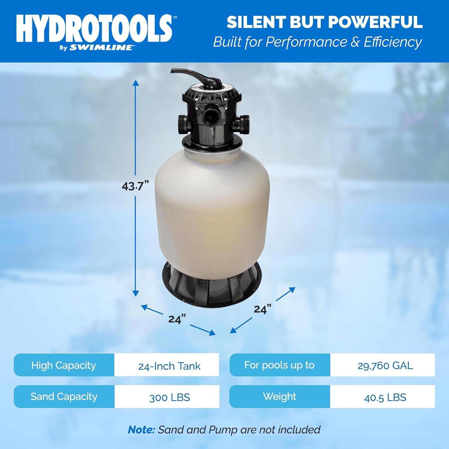 Diagram showing the dimensions of the Hydrotools sand filter: 43.7 inches high and 24 inches wide, with capacity details.