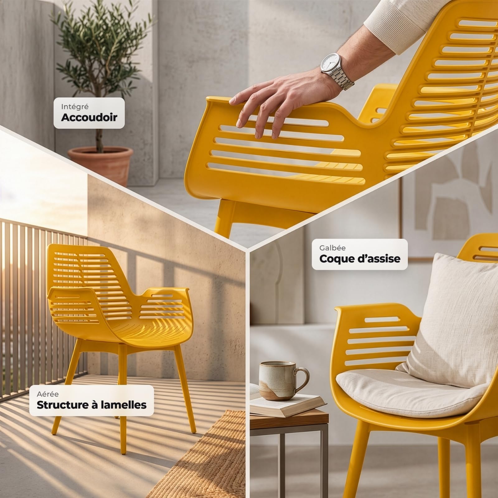 casa pura Chaise de Jardin Mayfield Jaune 1 pièce, Fauteuil Design avec Accoudoirs, Résine Polypropylène, Résistant aux Intempéries, pour Terrasse, Balcon, Patio et Intérieur, Charge jusqu'à 150 kg