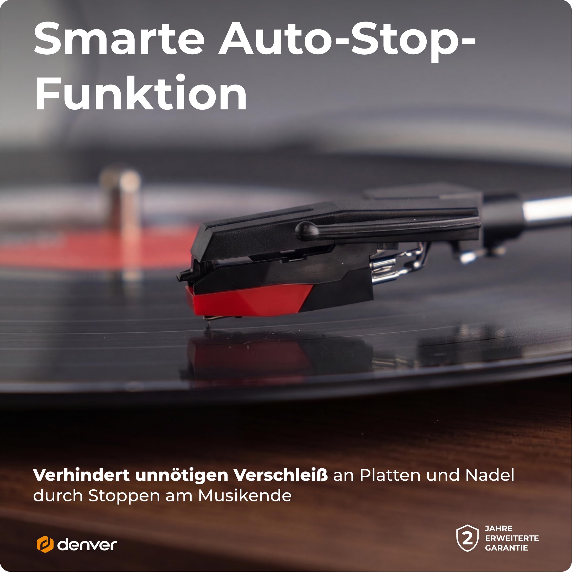 Retro Plattenspieler mit Bluetooth & eingebauten Lautsprechern – Denver VPB‑262 Multi-Speed Turntable Music System (33 ⅓ / 45 / 78 RPM) mit Line‑Out & Auto‑Stop