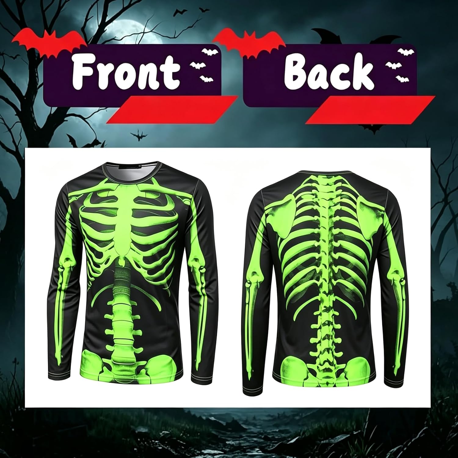 Men's 3D Skeleton Long Sleeve T-Shirt,Faux Real Skull, Halloween Costumes Shirts