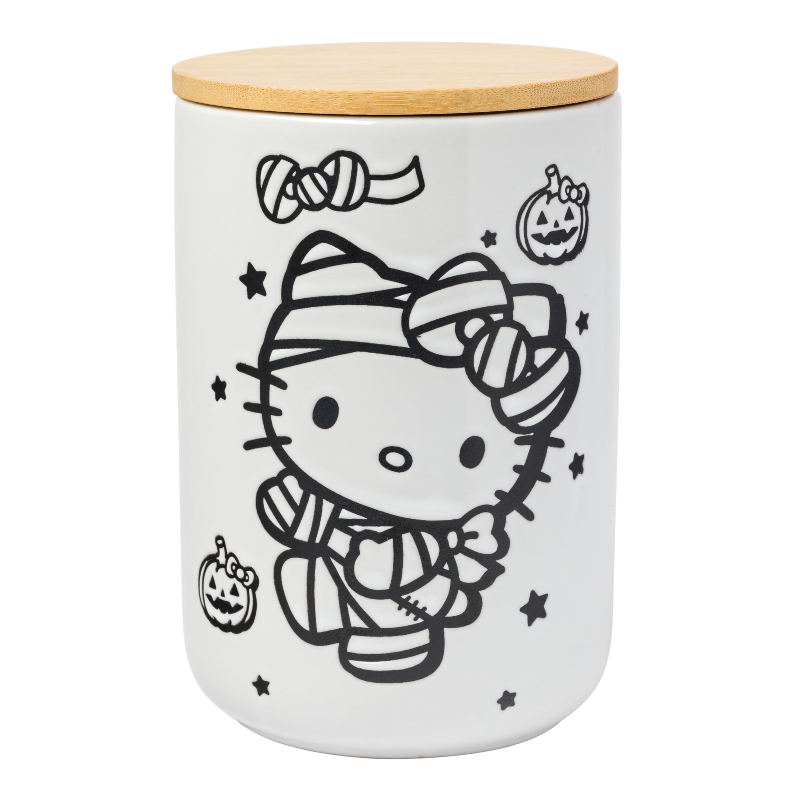 Silver Buffalo Sanrio Hello Kitty Halloween Spooky Mummy Ceramic Cookie Snack Candy Jar with Airtight Bamboo Lid (Small)