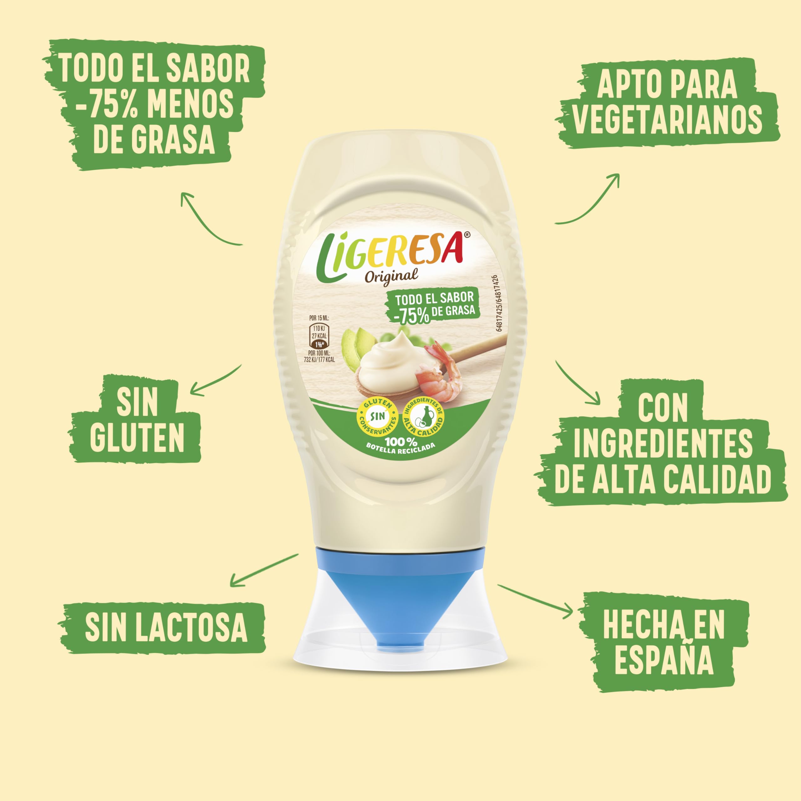 Ligeresa Salsa Bocabajo 60% menos de grasa Original Apta para vegetarianos 250 ml