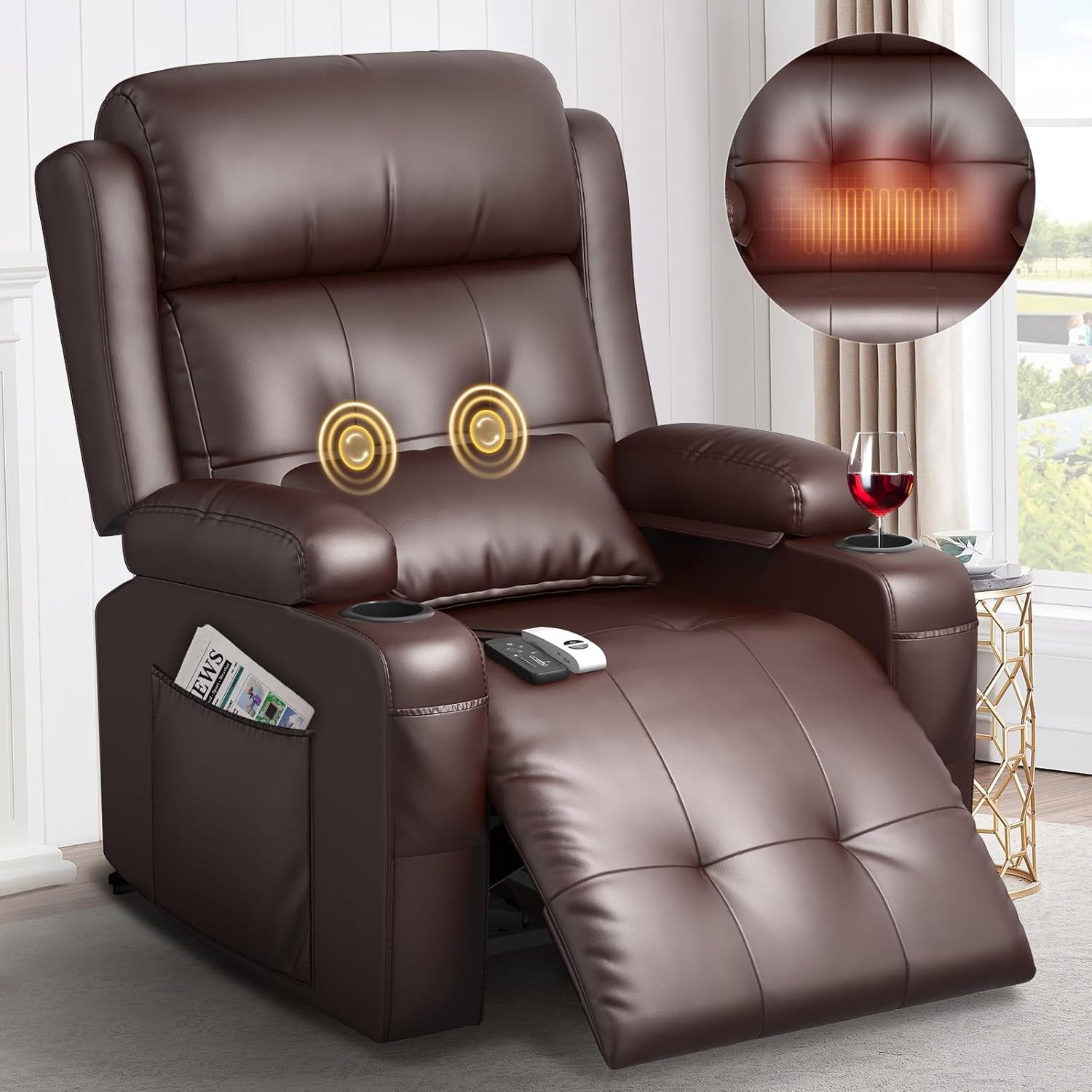Electric Power Oversized Recliner Chair with Heat and Back Massage, Extra Wide Seat Reclining Chair Infinite Position with Storage Armrests & 2 Cup Holders for Living Room (Brown)