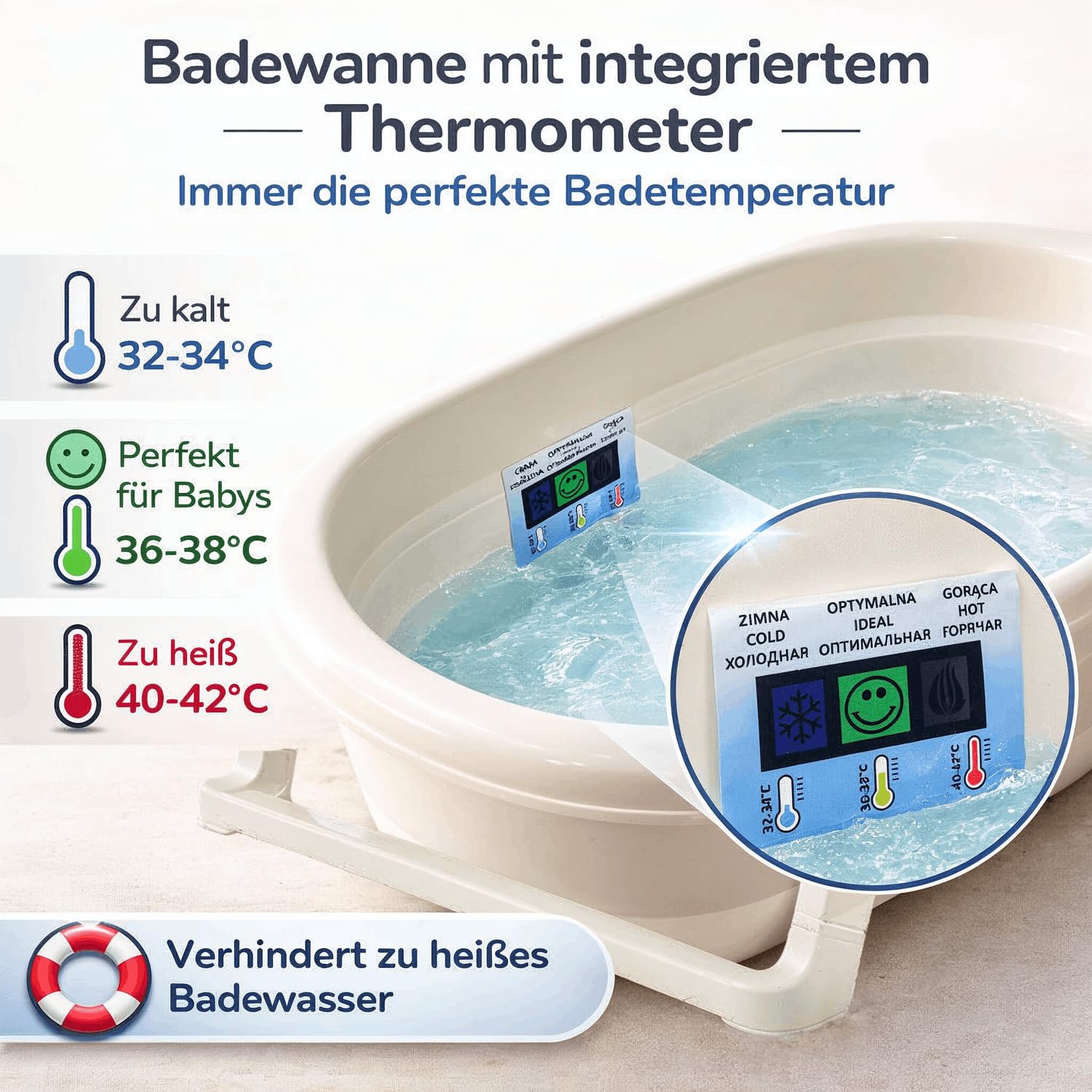 Babykajo Babybadewanne faltbar ab Geburt, mit Abflussstopfen & Thermometer-Sticker, BPA-frei, rutschfeste Füße, 81x48x23 cm, Babywanne faltbar für Neugeborene bis 16 Monate