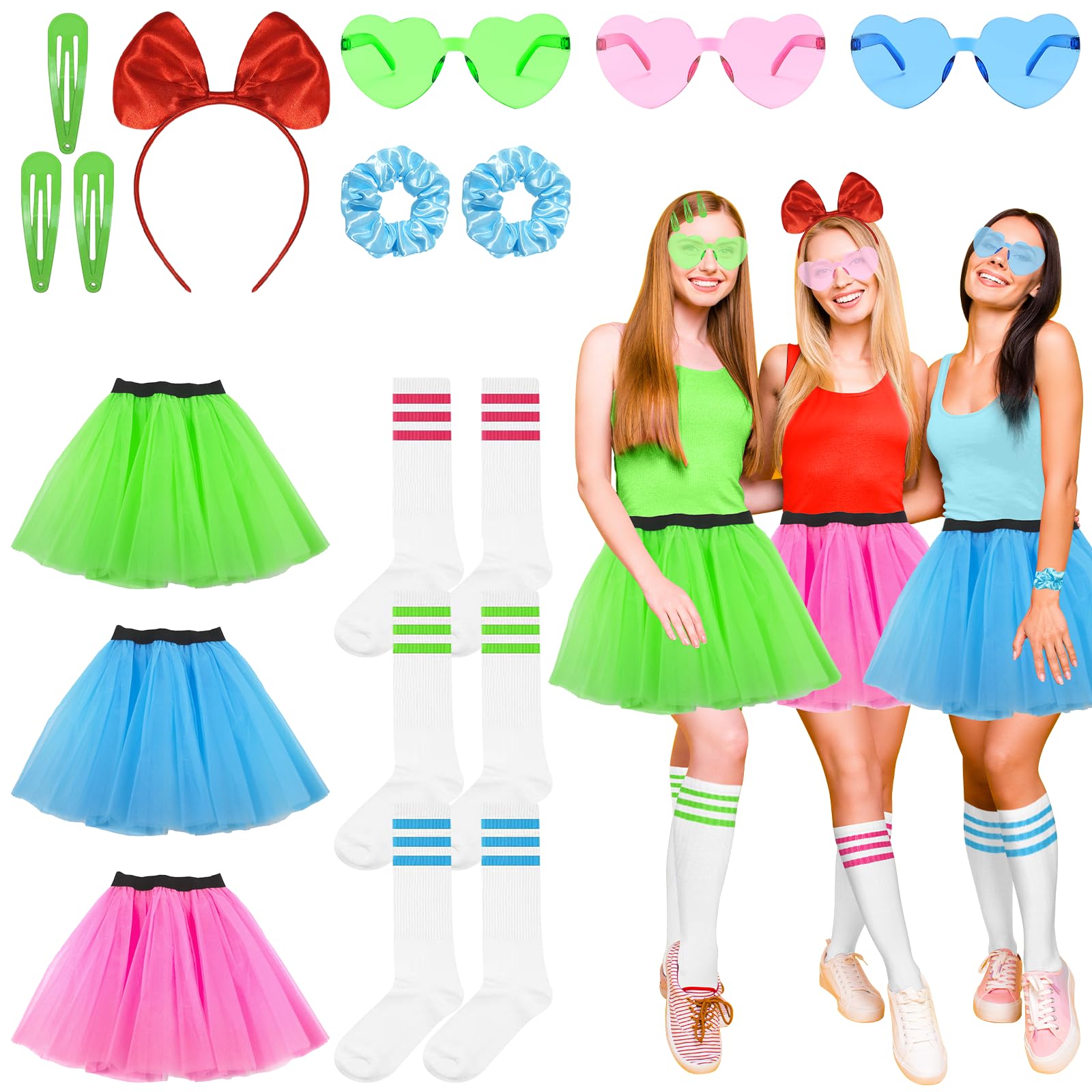 15 Pcs Group Halloween Costumes for Women Power Costume Accessories Include Red Bow Headband Light Blue Hair Band Green Hairpin Glasses Skirt Knee High Socks for Hero Halloween Party Character Cosplay