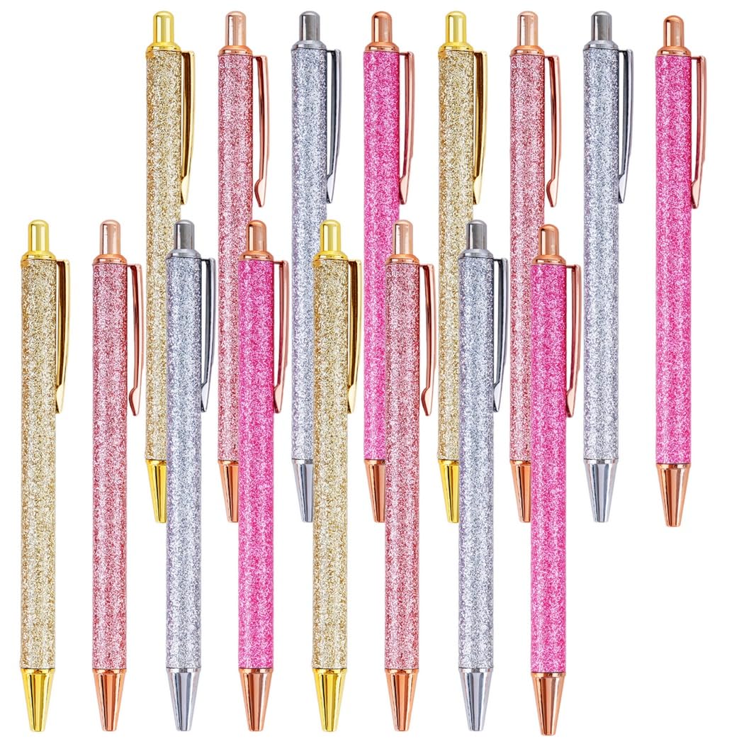 Générique Stylos bille scintillants, lot de 16, stylos en métal couleur or rose avec mécanisme rétractable, pour journal intime, bureau et cadeau, encre noire, pointe moyenne 1 mm, 4 couleurs