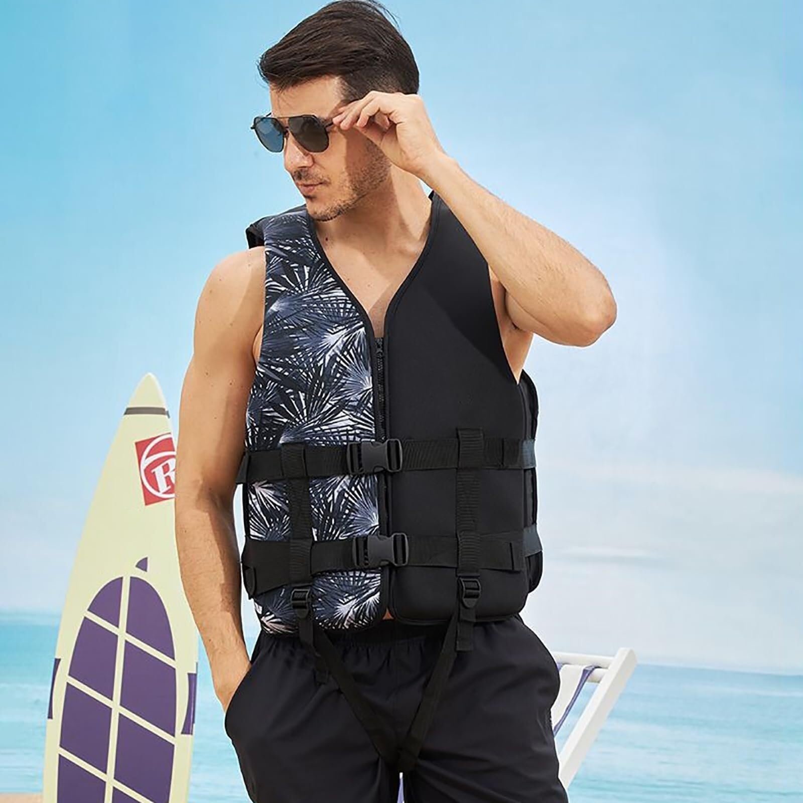 Schwimmweste mit Verstellbarem Bund und Reißverschluss, Auftriebsweste, Sicherheits-Schwimmweste for Kajakfahren(Black B,XXL)