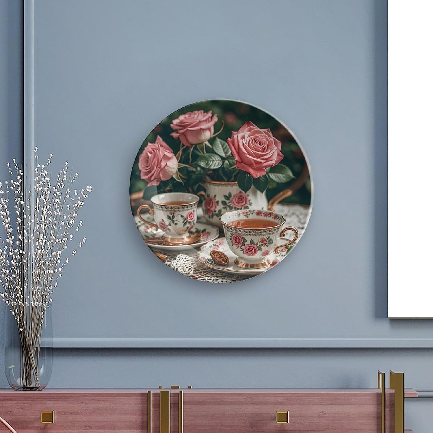 Tea Cups With Roses Romantic Bone China Decorative Plate for Home Decor, Round Ceramic Decorative Dish with Stand Hook, Wall Hanging Ornament Plates for Office, Porcelain Plates 7inch