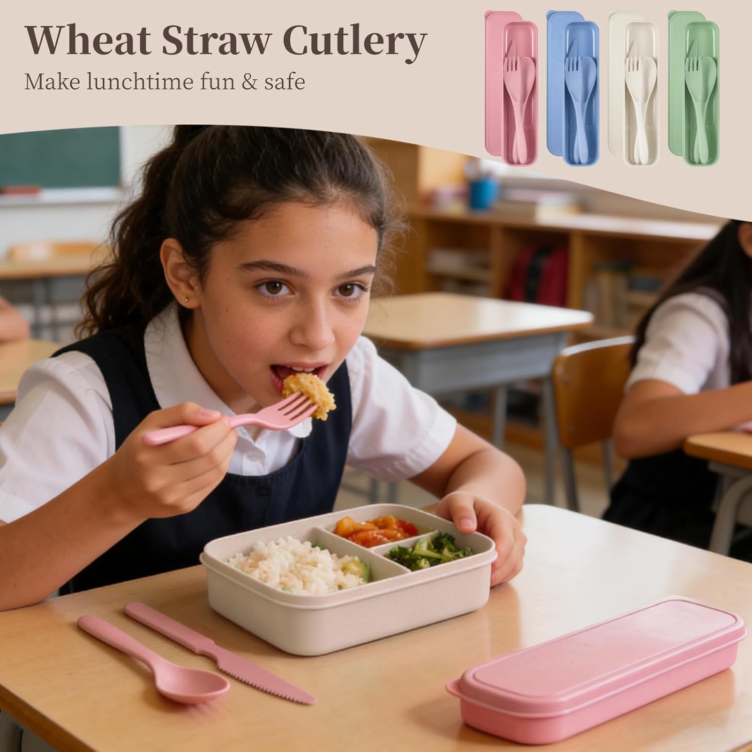 50 Sets Wheat Straw Cutlery, Reusable Travel Utensils Set with Case, Portable Spoon Knife Fork, Lightweight Camping Utensils, 4 Colors Tableware for Home, Office, Outdoor Picnic