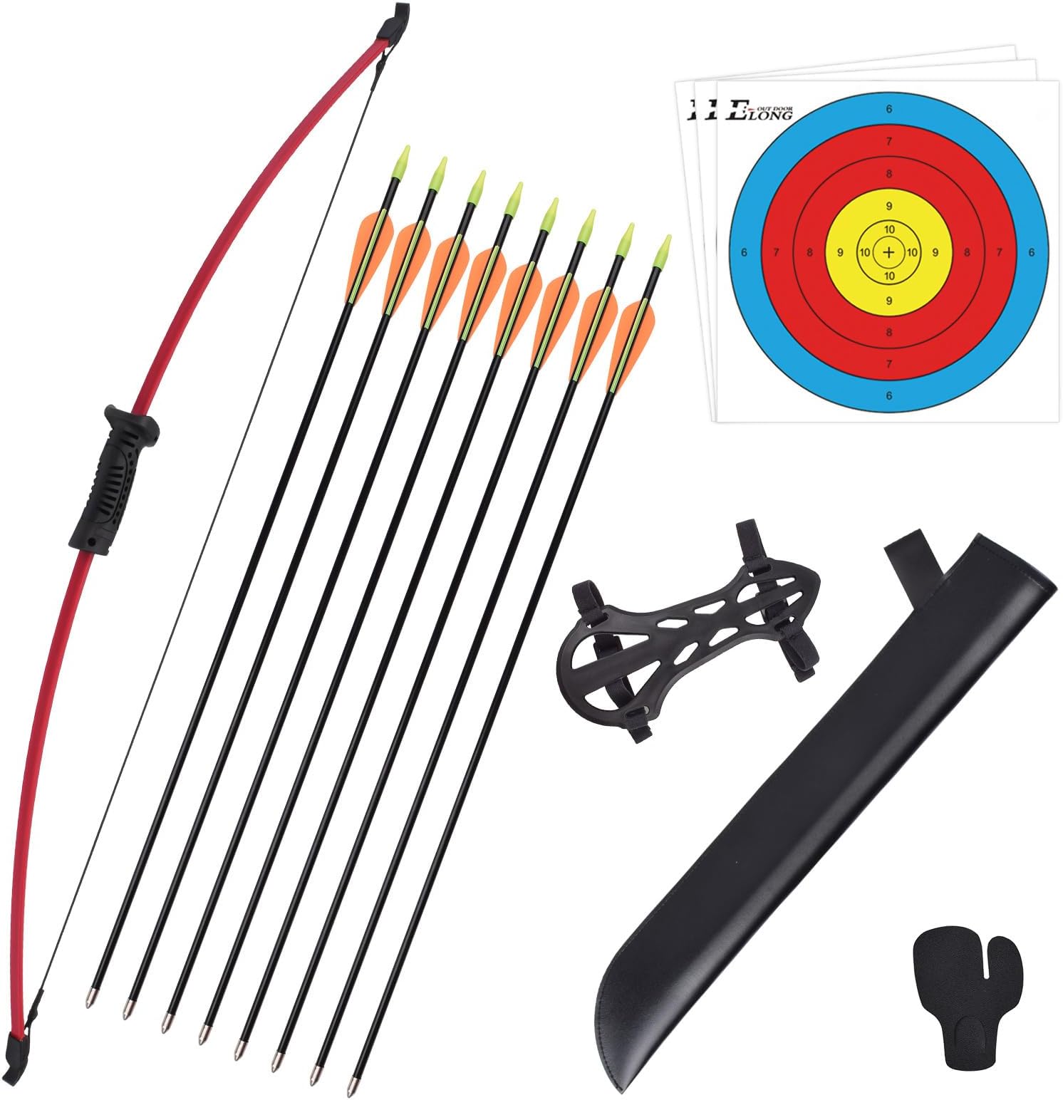 Recurve Bow and Arrow Set Outdoor Archery Beginner Training Includes 8 Arrows, Armguard, Quiver, Target Face, Finger Tab