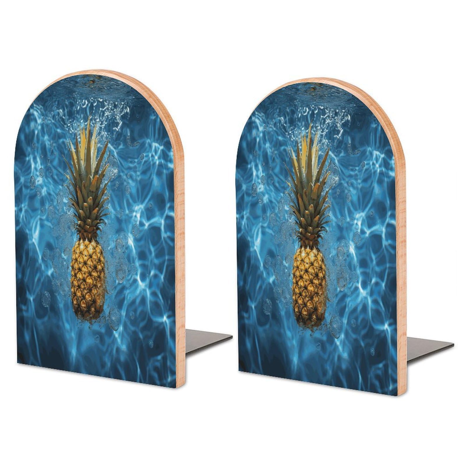 Large Pineapple in The Pool Book End with Metal Base Fashion Heavy Duty Bookend Exquisite Wooden Bookends Non-Skid Book Stopper for Shelves Books Organizer for Office Home 1 Pair